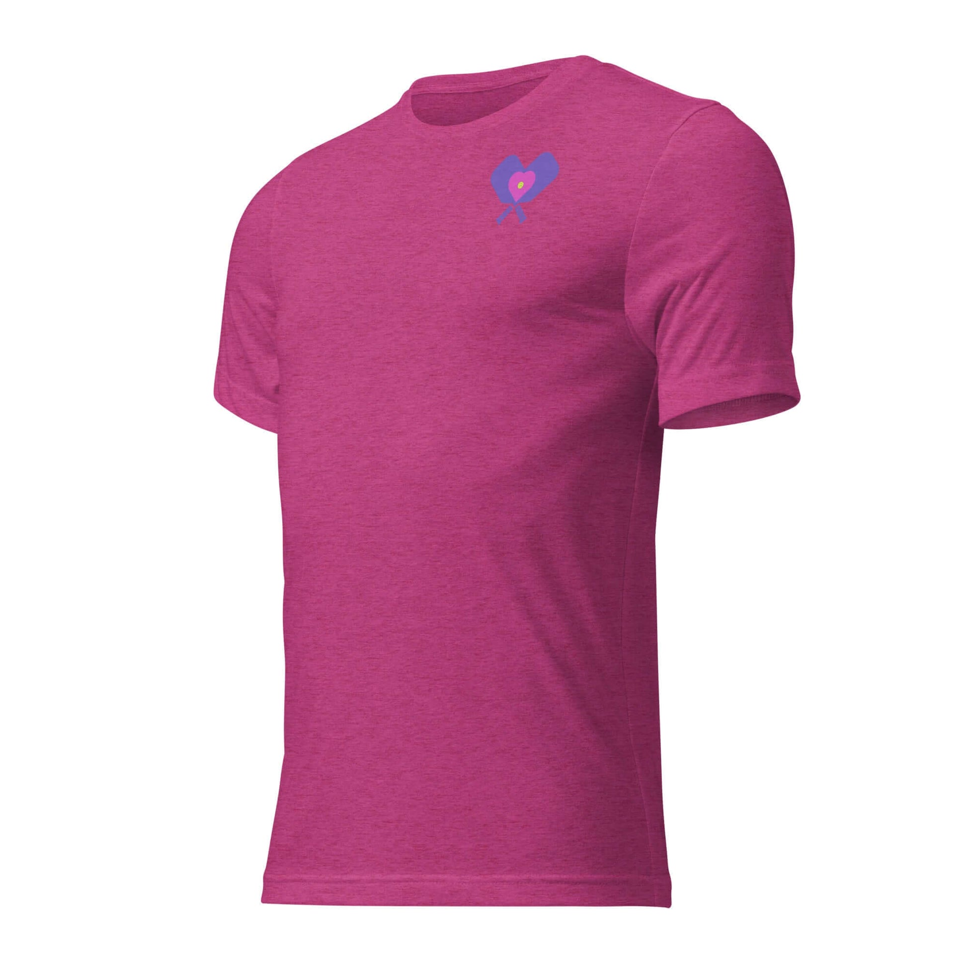 Women’s LOVE Pickleball short sleeve shirt in vibrant pink, perfect for sporty style and casual wear.