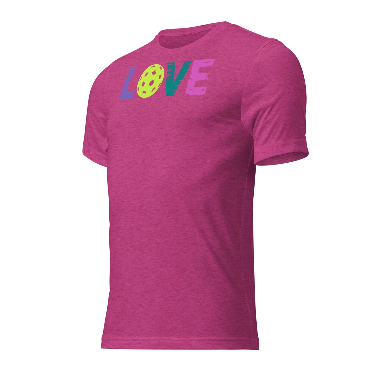 Women’s LOVE Pickleball Short Sleeve Shirt in vibrant pink with colorful 'LOVE' graphic design.