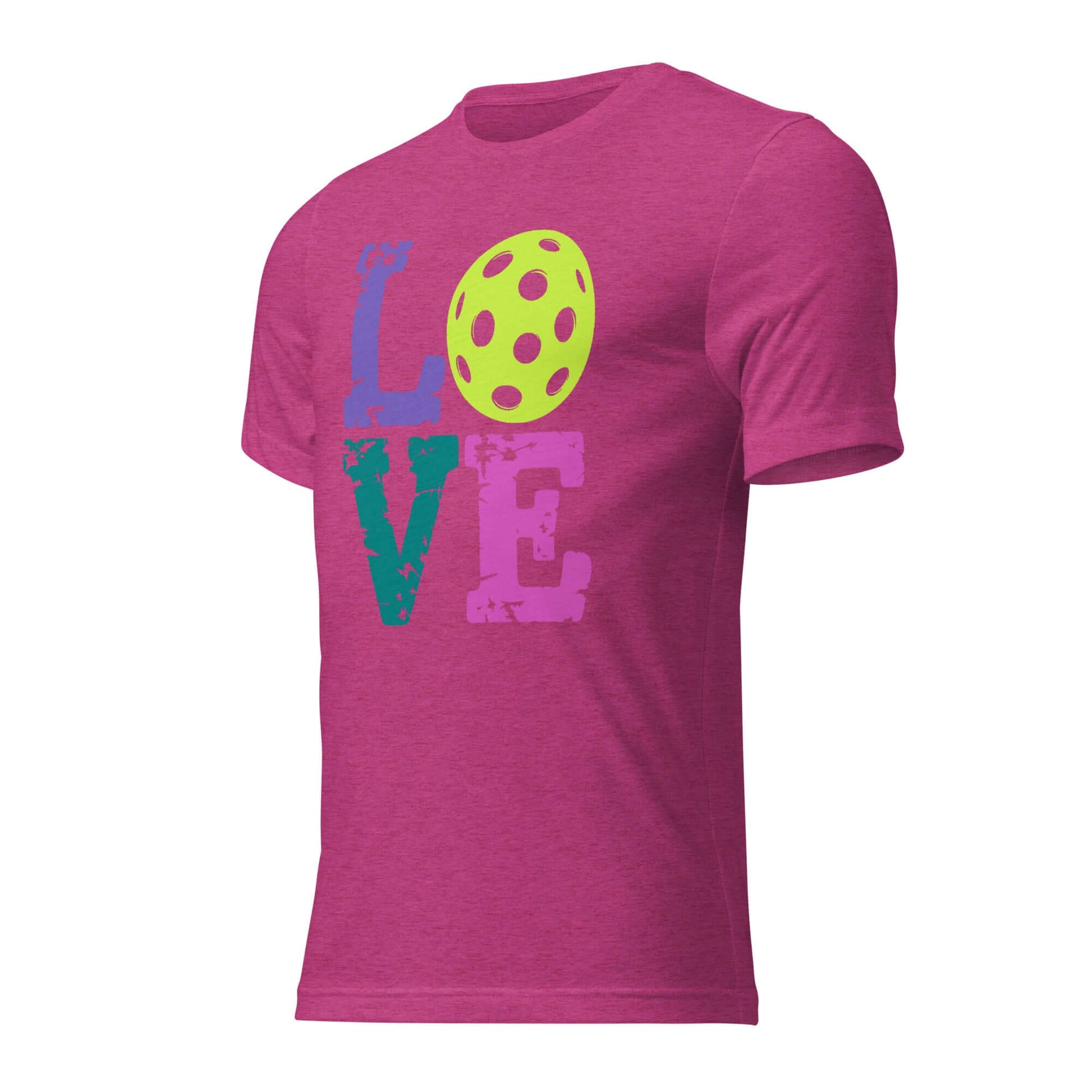 Women’s LOVE Pickleball Short Sleeve Shirt in vibrant pink with colorful printed design.