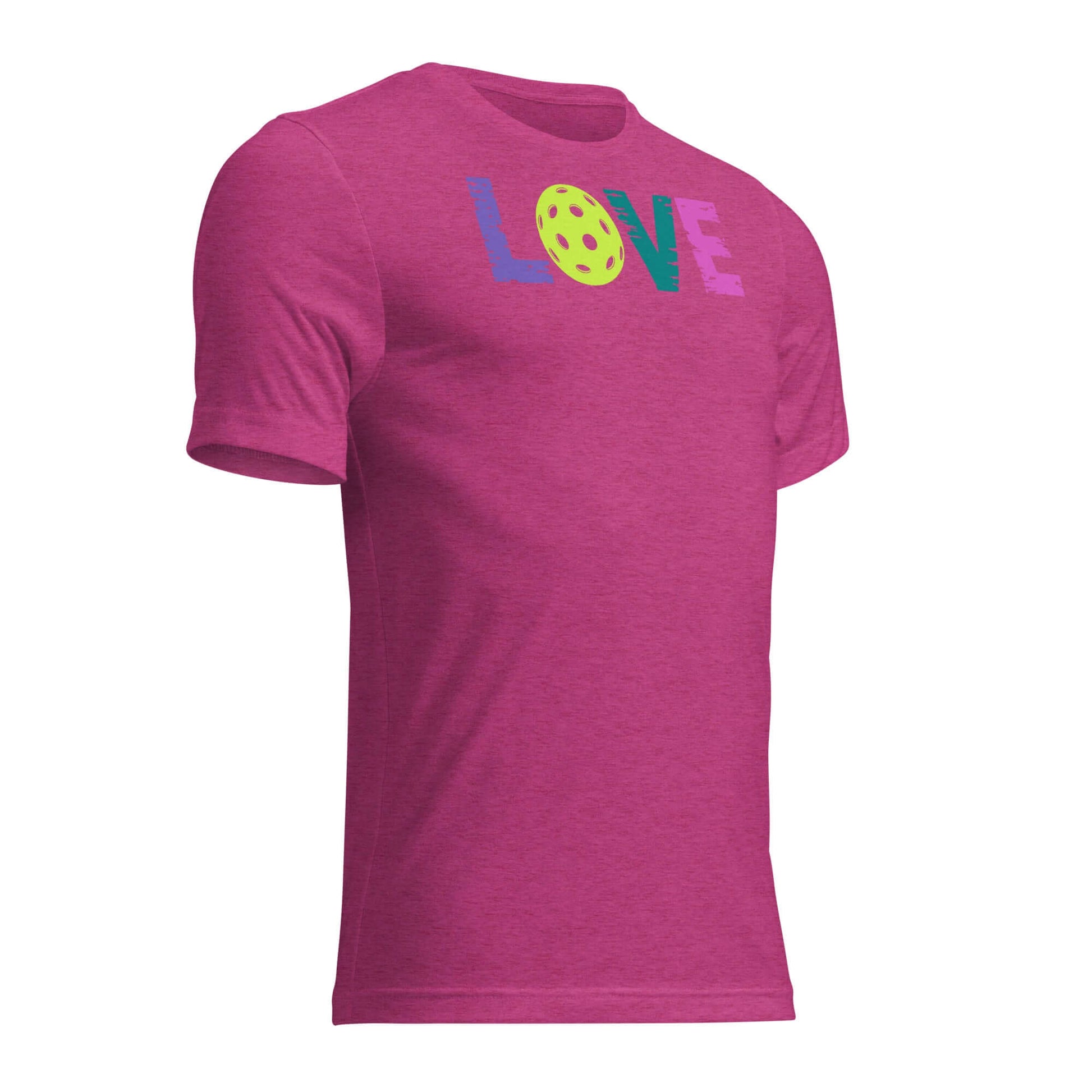 Women’s LOVE Pickleball Short Sleeve Shirt in vibrant pink with colorful LOVE print, perfect for on and off the court.