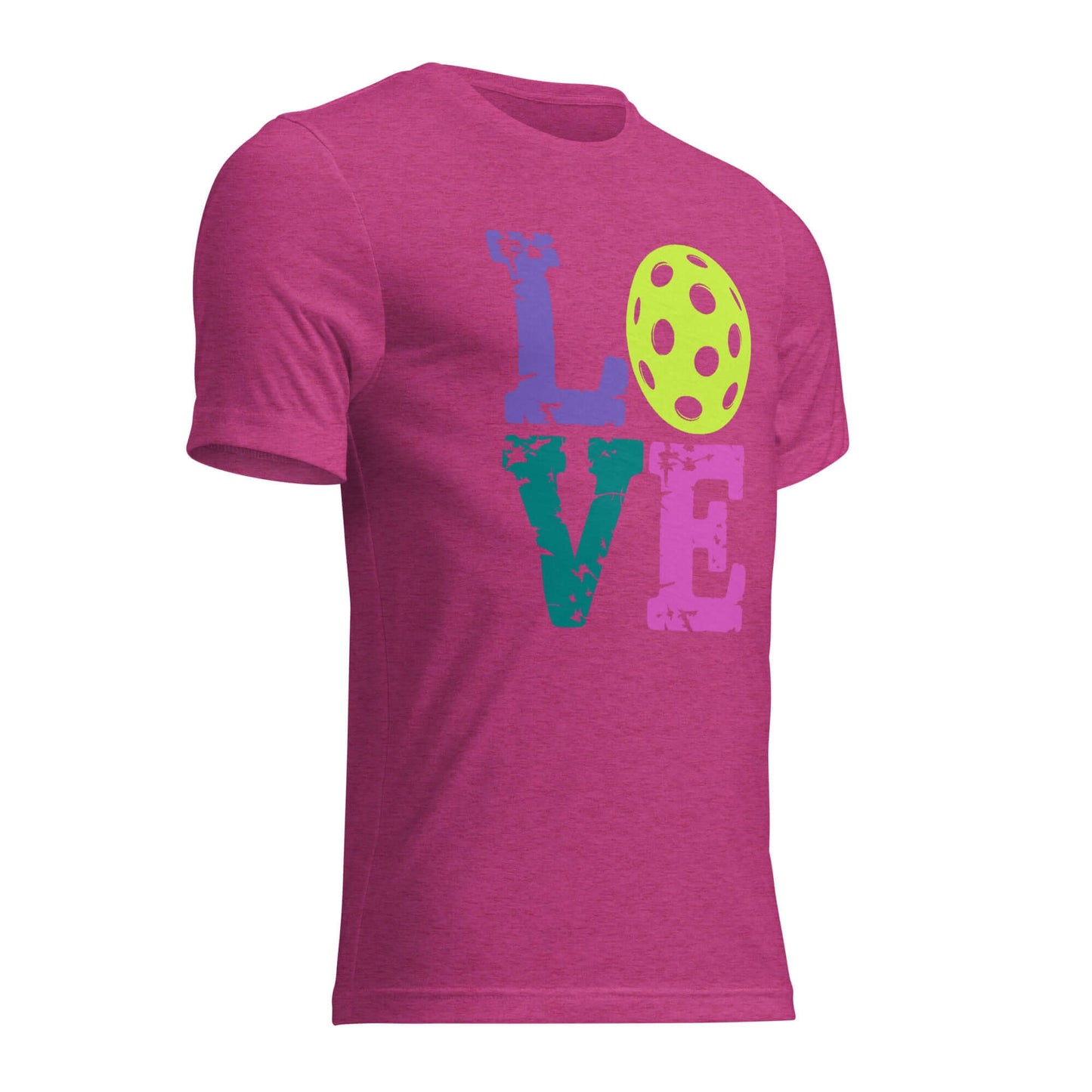 Women’s LOVE Pickleball Short Sleeve Shirt in vibrant pink with colorful pickleball design.