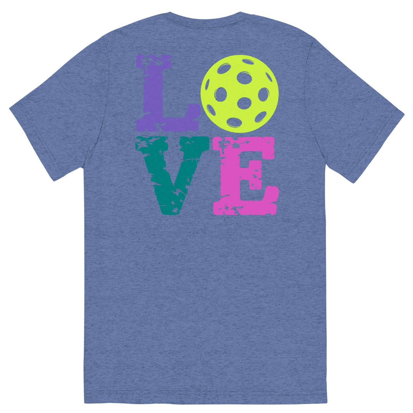 Back view of Women's LOVE Pickleball Short Sleeve Shirt showcasing colorful 'LOVE' design and a pickleball graphic.