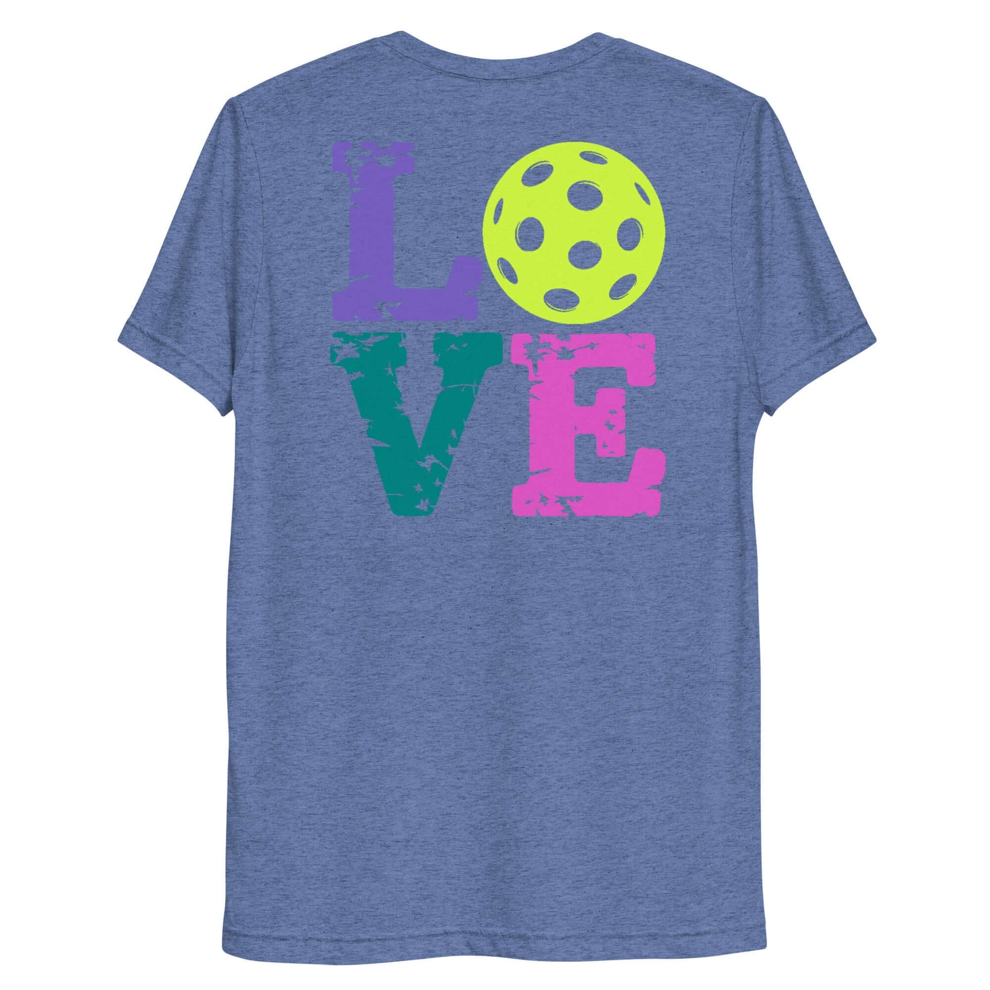 Back view of Women's LOVE Pickleball Short Sleeve Shirt featuring colorful text and a pickleball graphic.