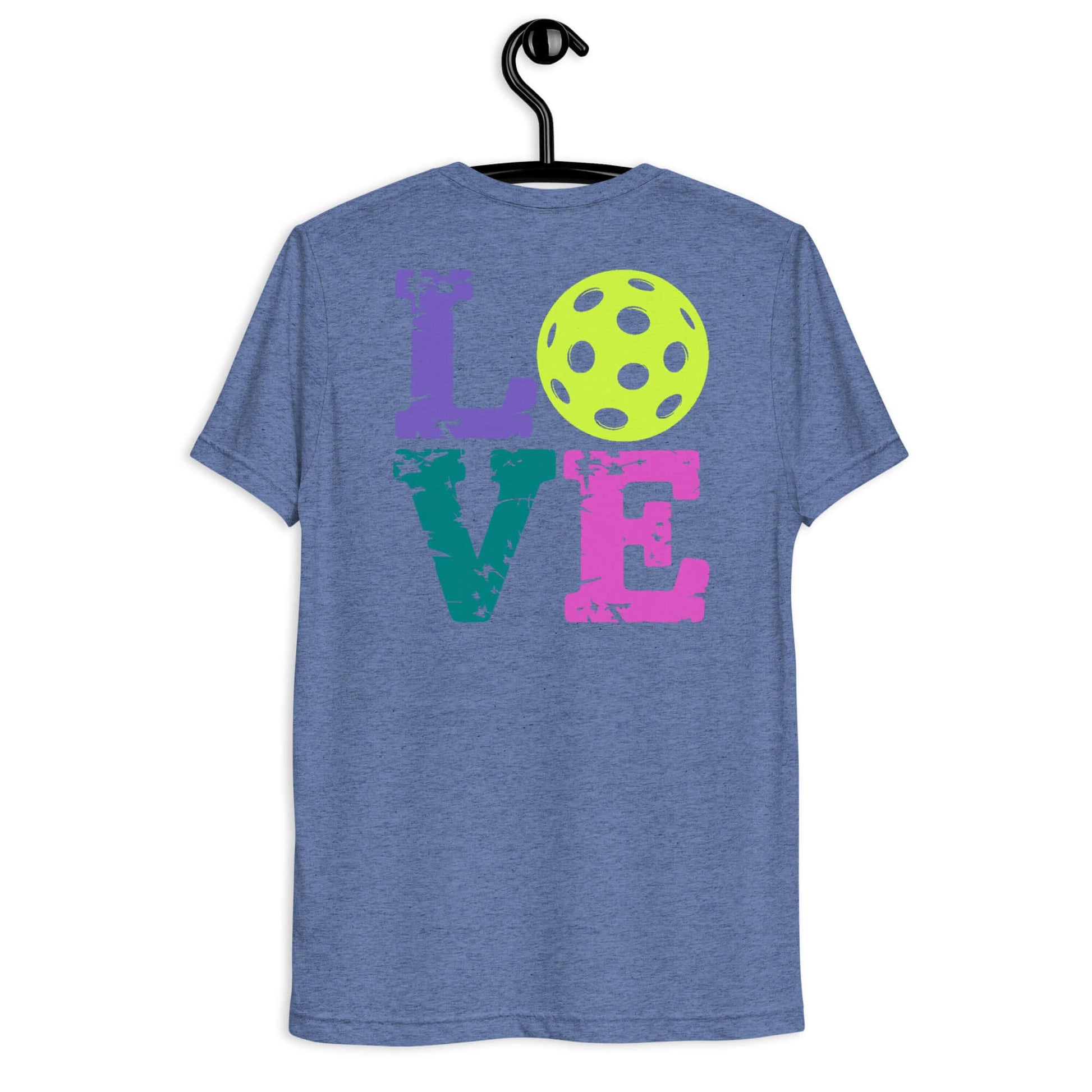 Back view of Women's LOVE Pickleball Short Sleeve Shirt featuring colorful design and pickleball graphic.