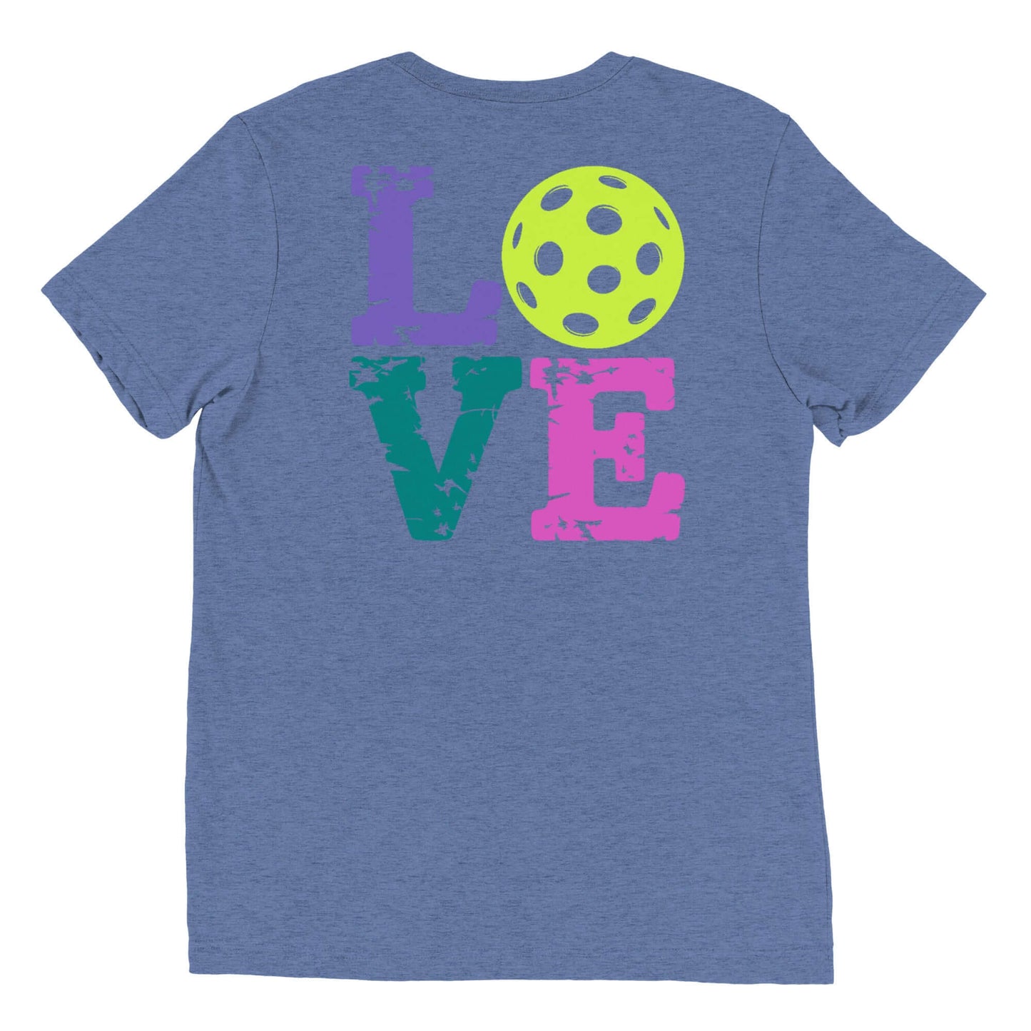 Women’s LOVE Pickleball Short Sleeve Shirt featuring vibrant 'LOVE' graphic and pickleball design on the back.