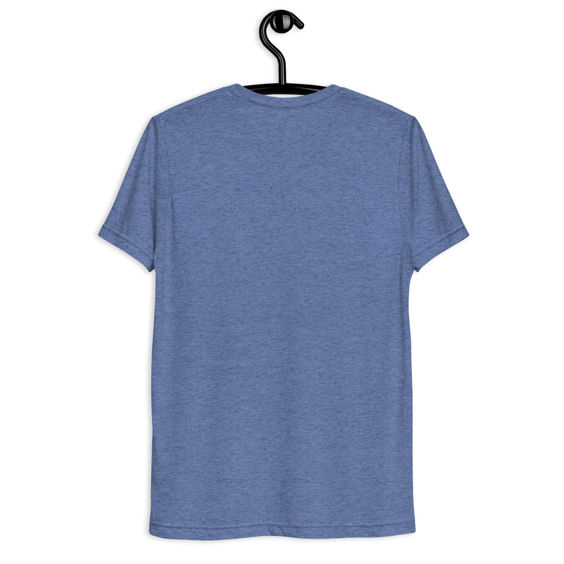 Back view of a blue short sleeve shirt hanging on a hook, ideal for casual and sporty wear.