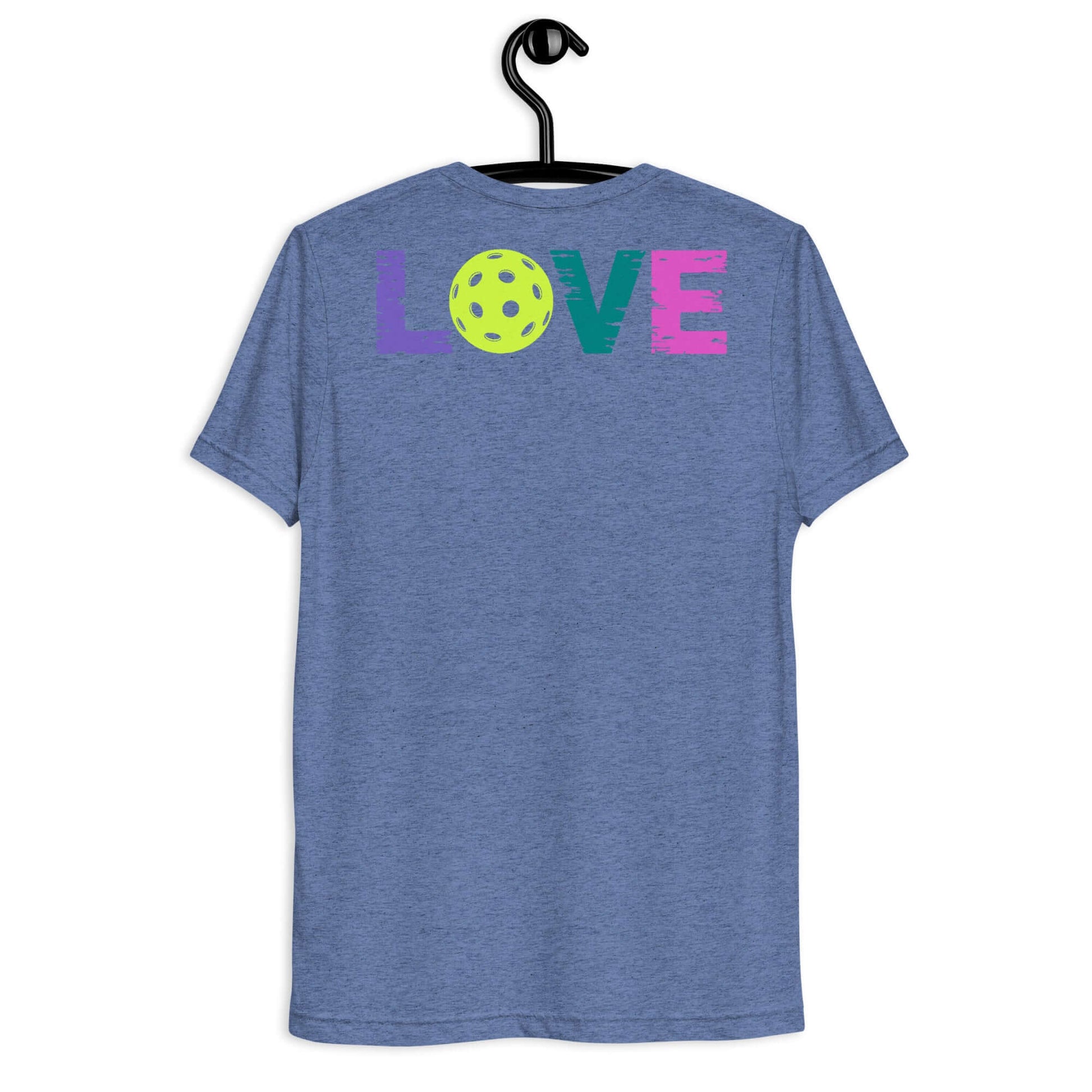 Back view of Women’s LOVE Pickleball Short Sleeve Shirt featuring colorful 'LOVE' text and a pickleball design.