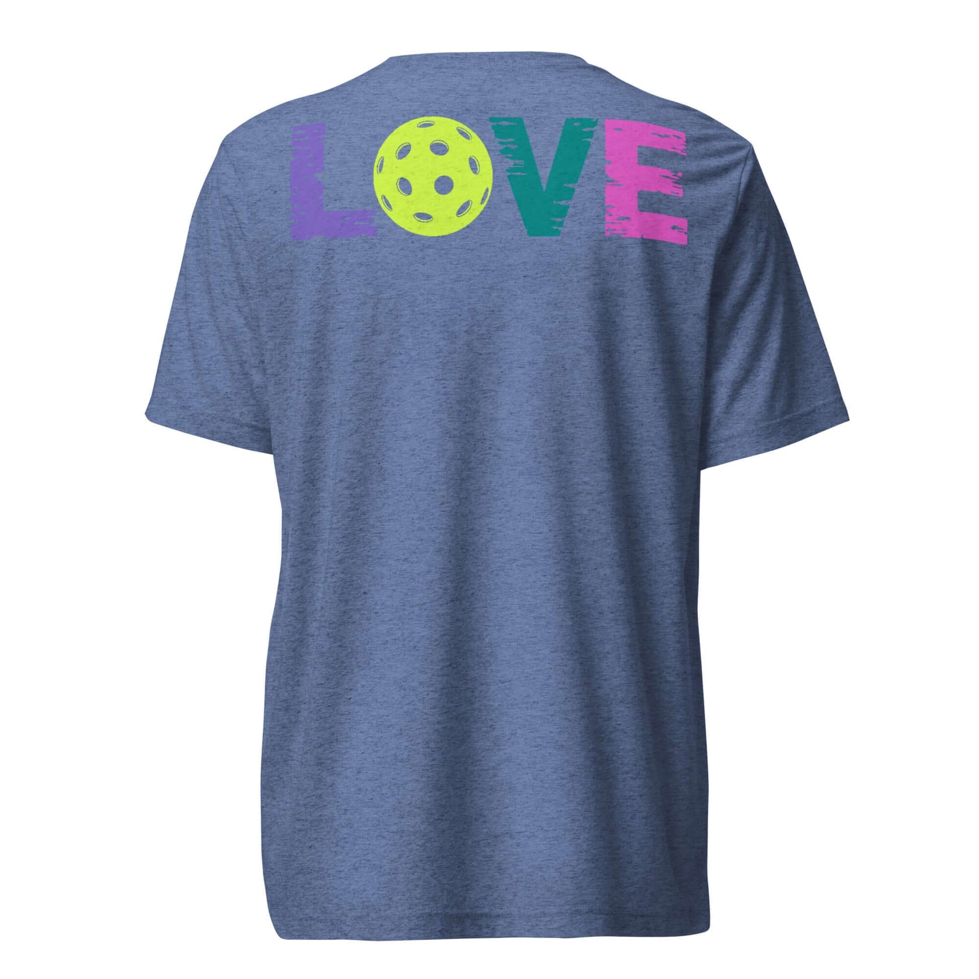 Women’s LOVE Pickleball Short Sleeve Shirt with colorful 'LOVE' and pickleball graphic on back.