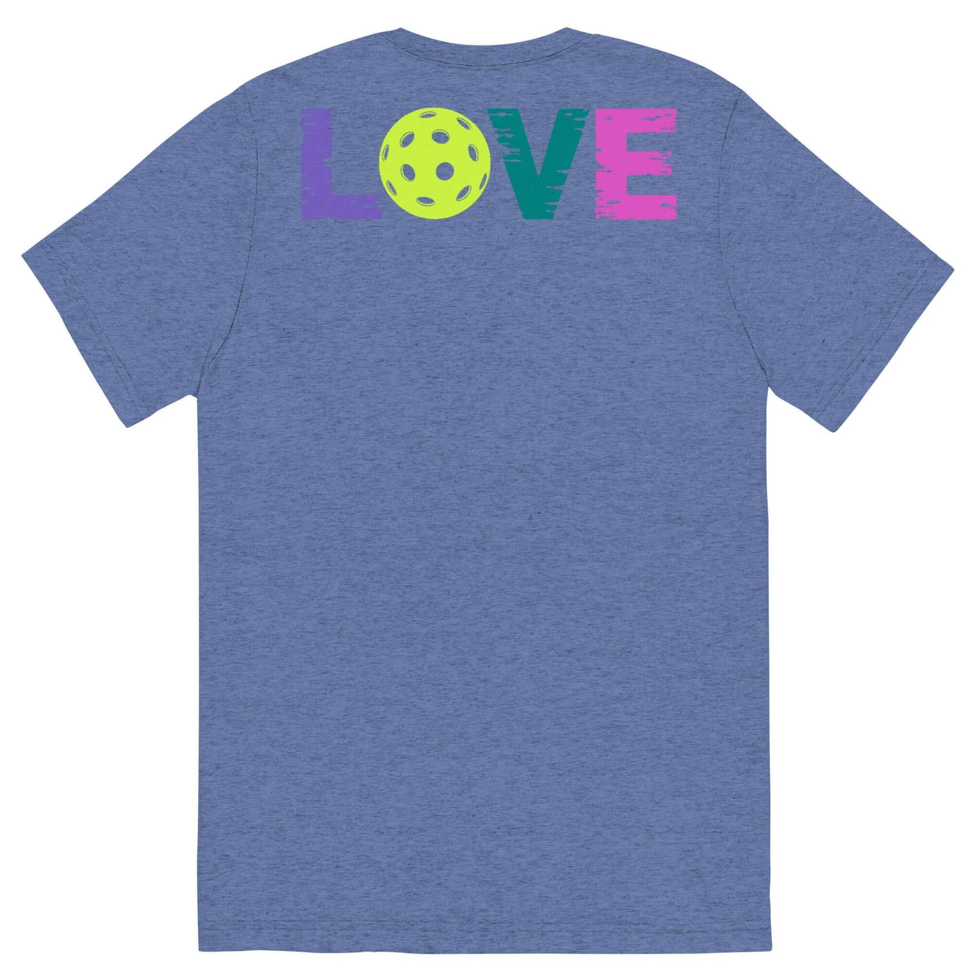 Back view of Women’s LOVE Pickleball Short Sleeve Shirt featuring colorful 'LOVE' and a pickleball graphic.