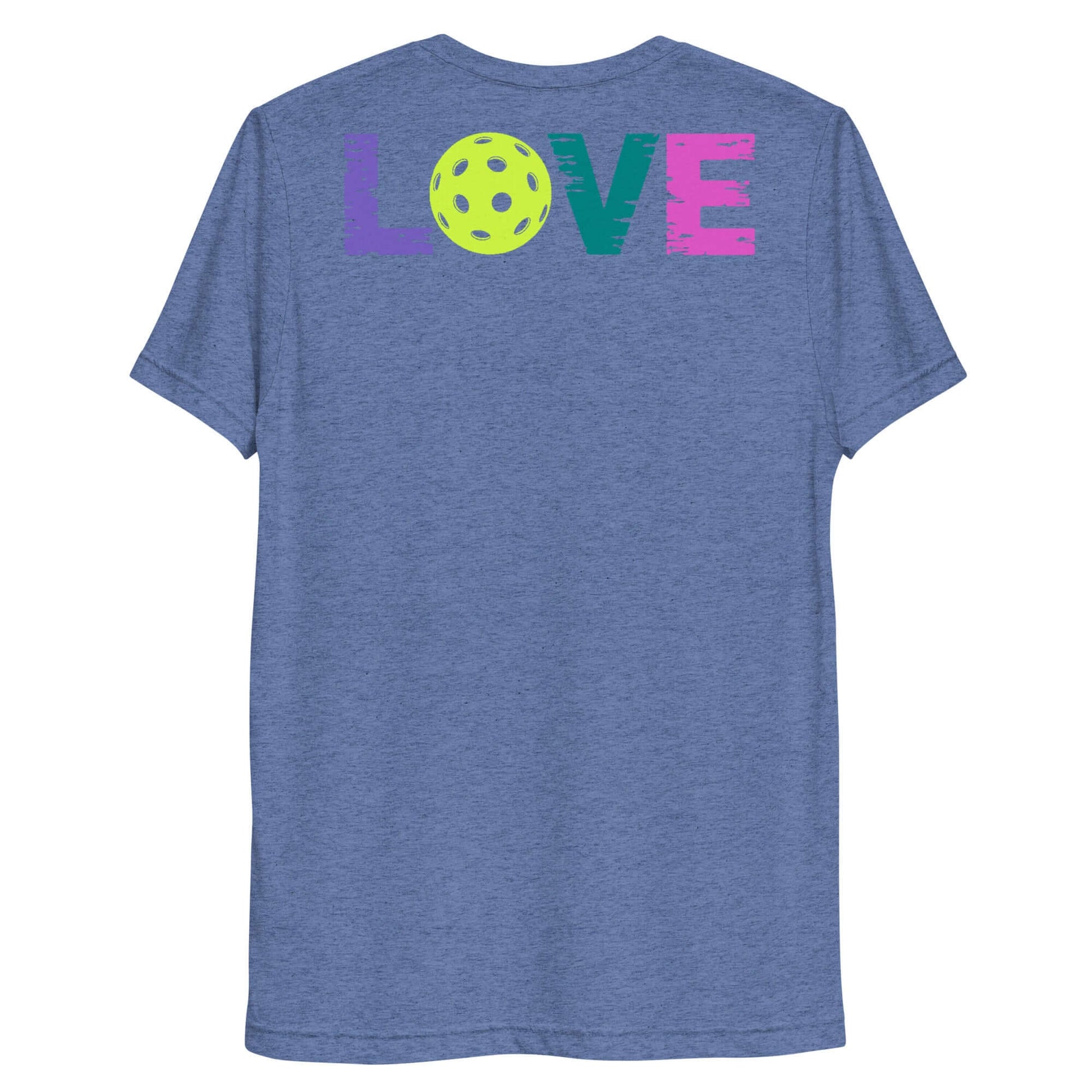 Blue short sleeve shirt featuring playful 'LOVE' graphic and pickleball design on the back.