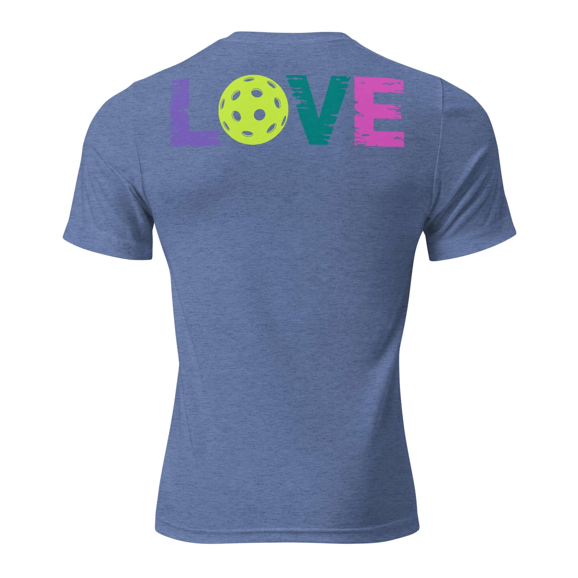 Back view of Women's LOVE Pickleball Short Sleeve Shirt featuring colorful text and a pickleball graphic.