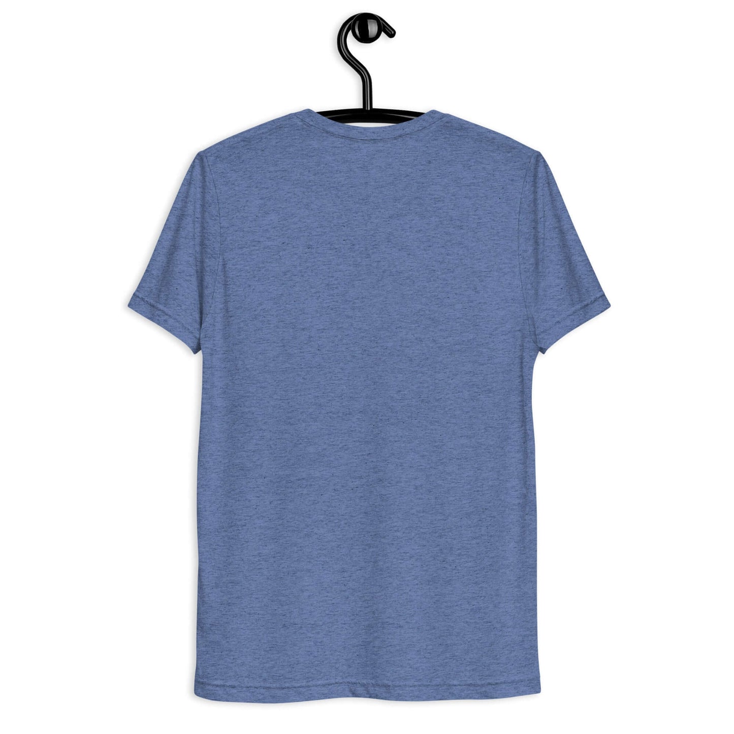 Back view of Women's LOVE Pickleball Short Sleeve Shirt hanging on a hook, featuring a soft blue color.