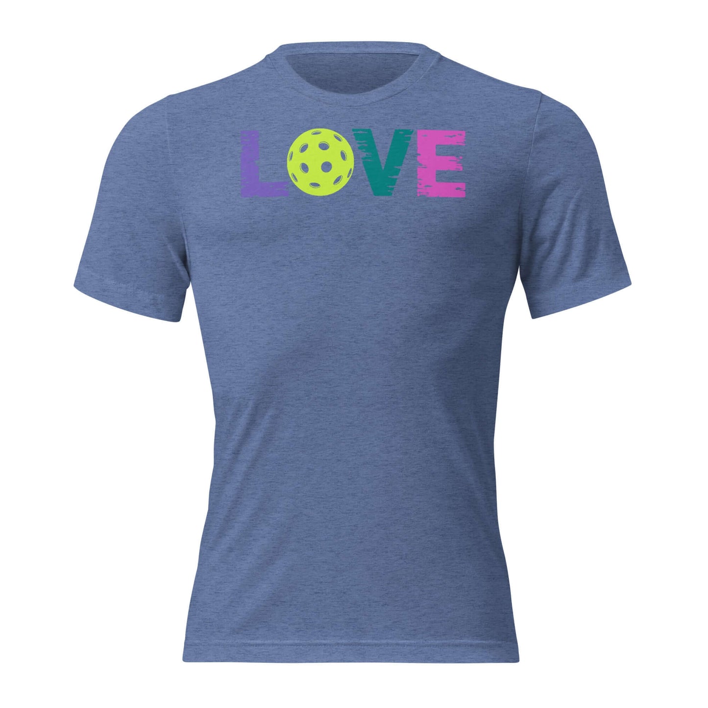 Blue short sleeve shirt featuring colorful 'LOVE' text and a pickleball design for women.