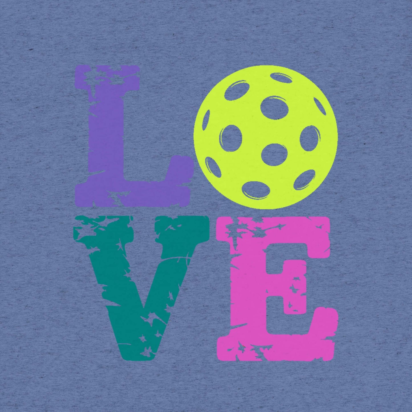 Graphic design featuring 'LOVE' text and a bright pickleball, showcasing pickleball passion and fun.