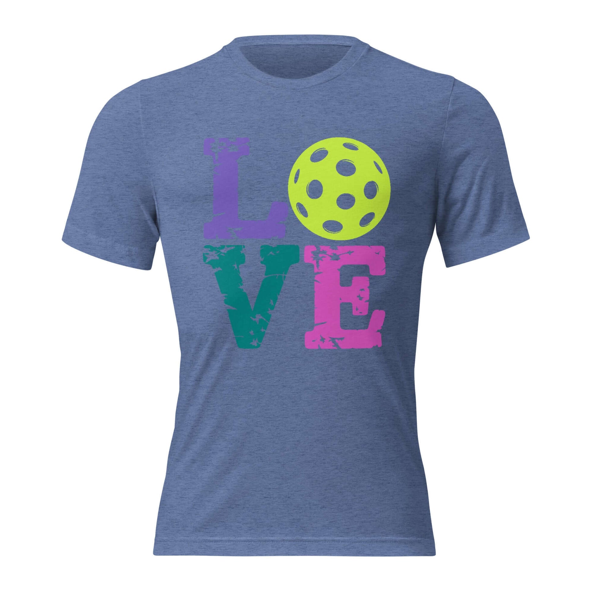 Women’s LOVE Pickleball Short Sleeve Shirt in blue featuring colorful LOVE print and a pickleball design.