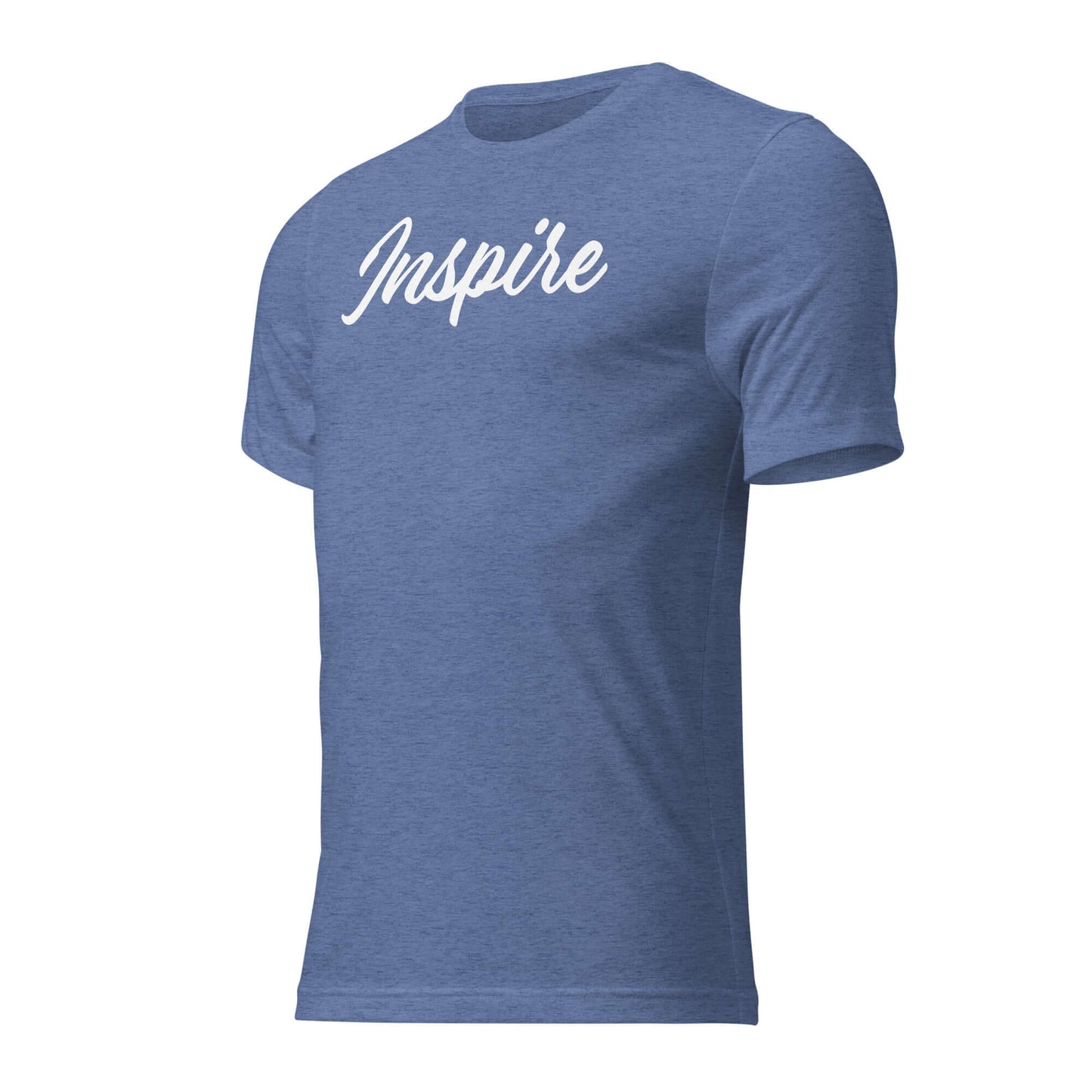 Blue women's t-shirt with 'Inspire' script design, promoting positivity and motivation.