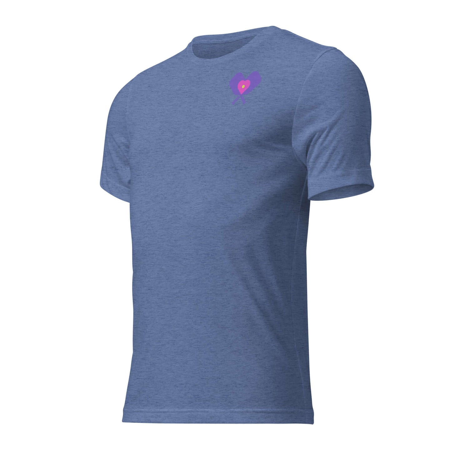 Women’s LOVE Pickleball Short Sleeve Shirt in blue fabric, featuring a heart and paddle design, perfect for players and fans.