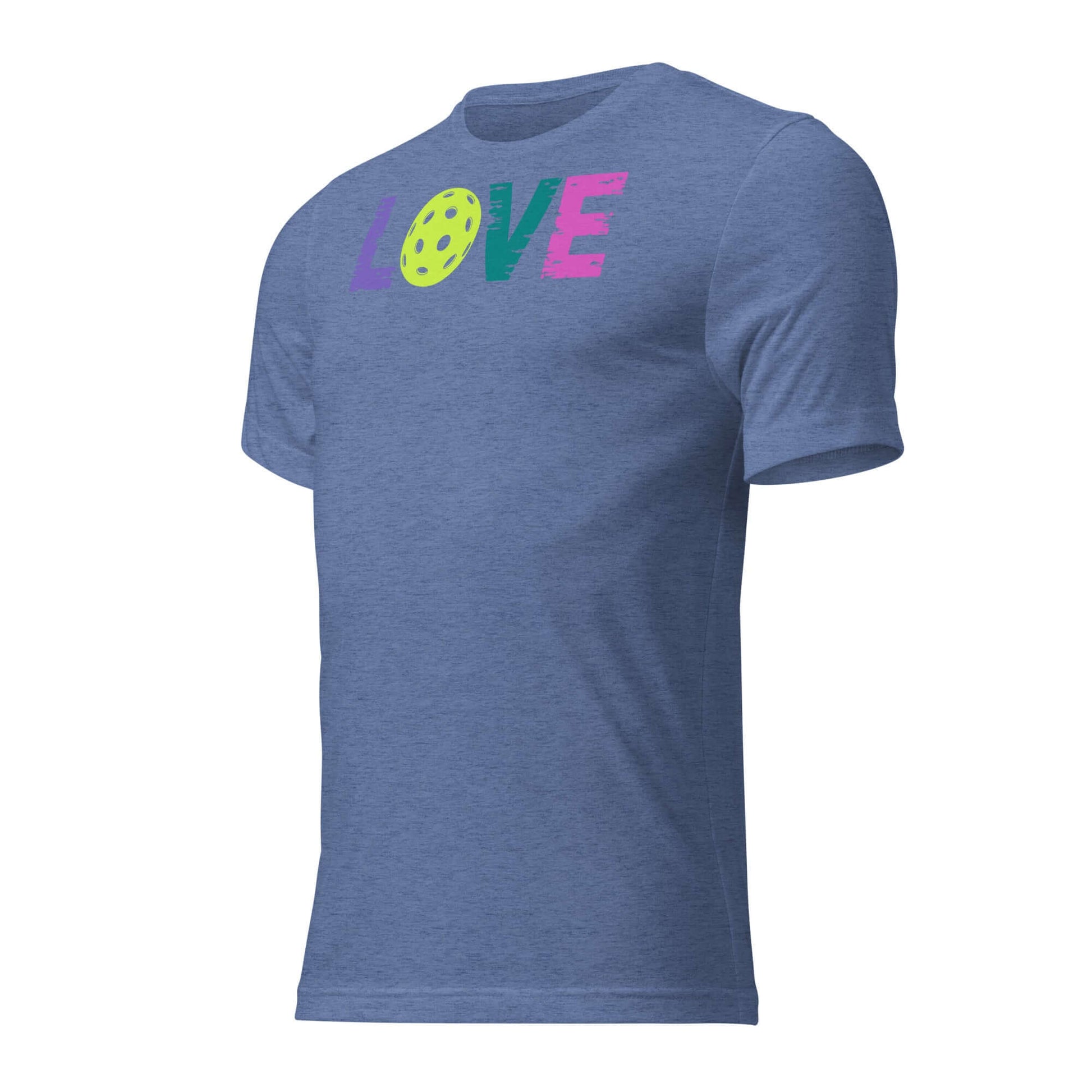 Women’s LOVE Pickleball Short Sleeve Shirt in blue with colorful LOVE graphic, perfect for pickleball enthusiasts.