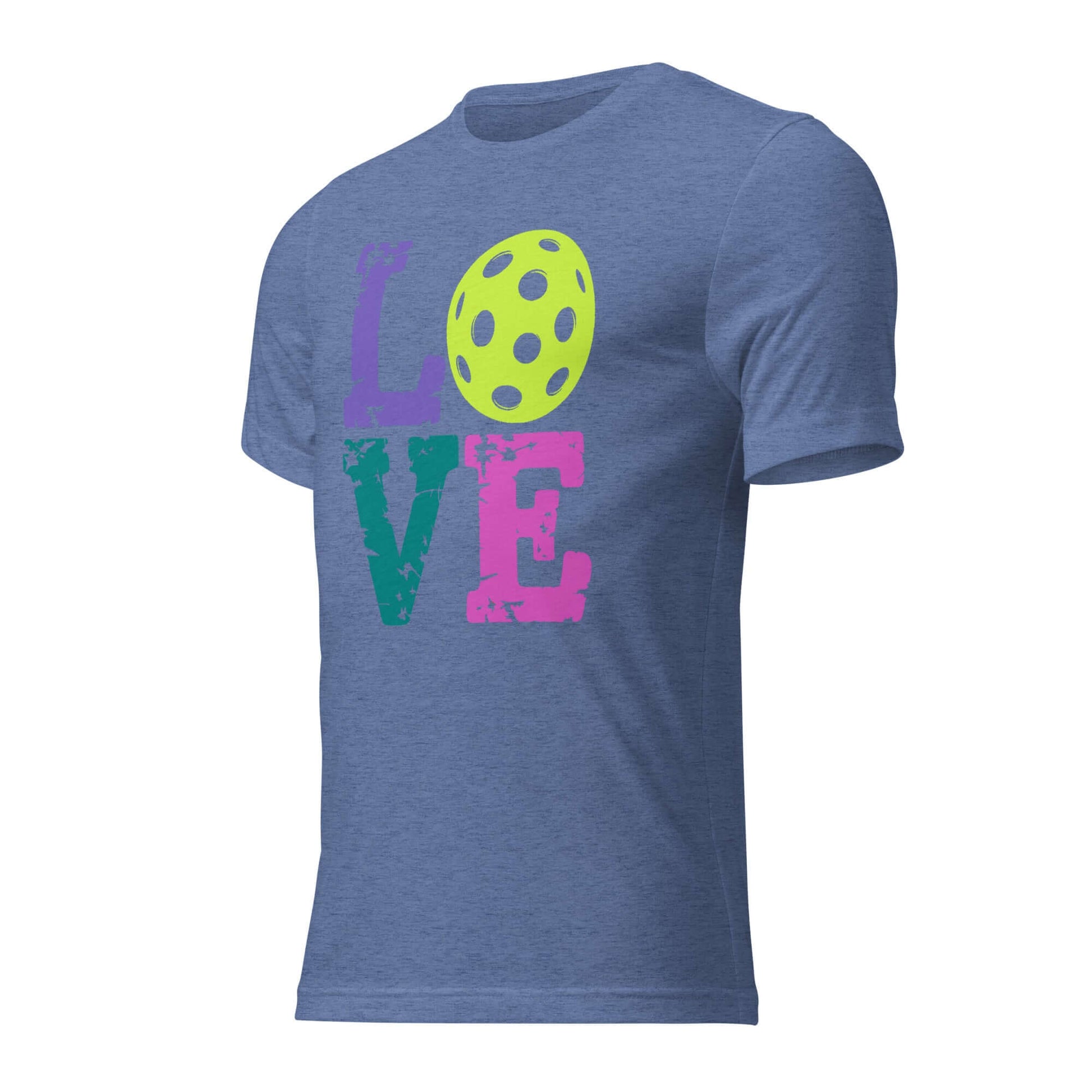 Women’s short sleeve shirt featuring colorful 'LOVE' design and pickleball graphic, perfect for pickleball lovers.