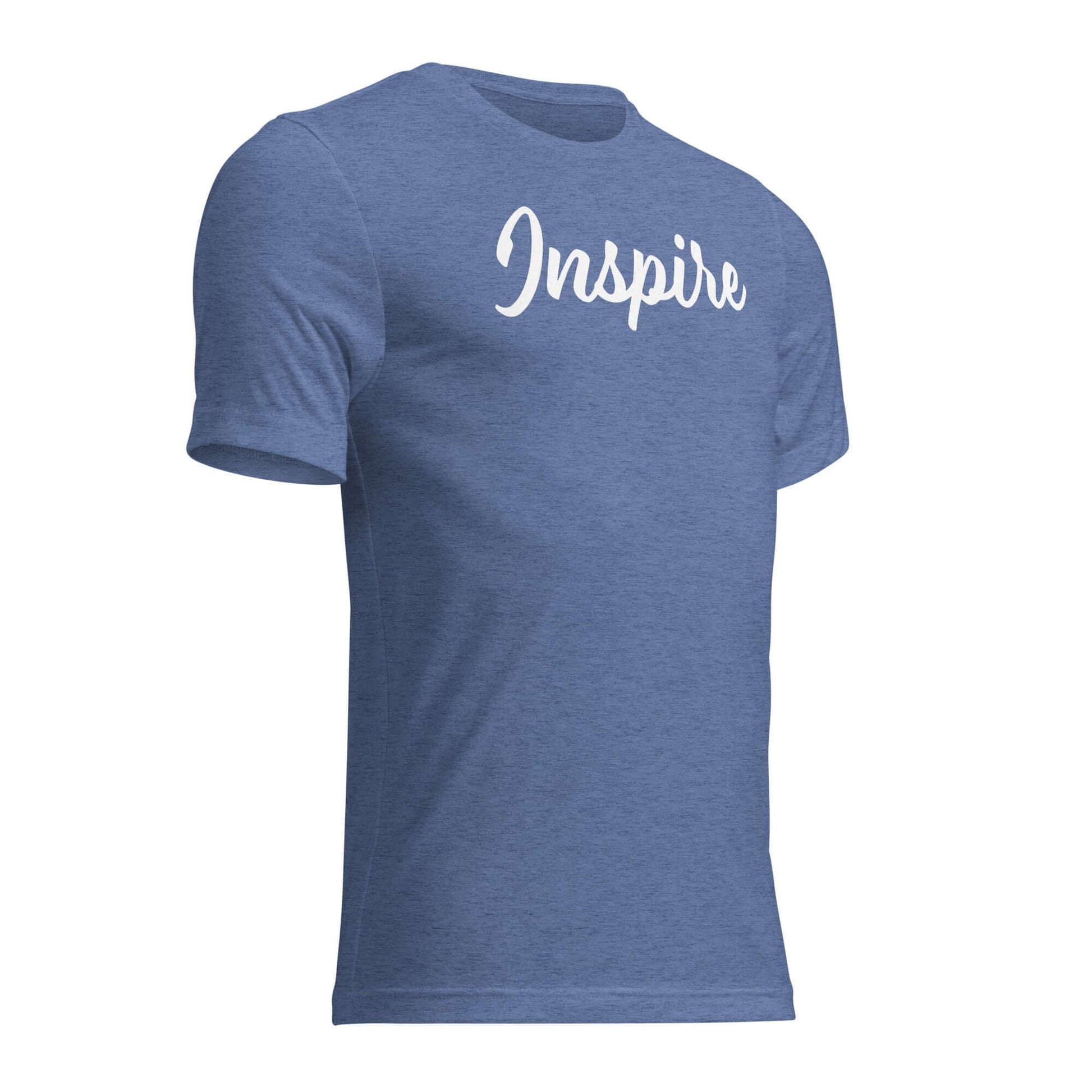 Women's blue 'Inspire' script t-shirt showcasing a stylish and motivational design.