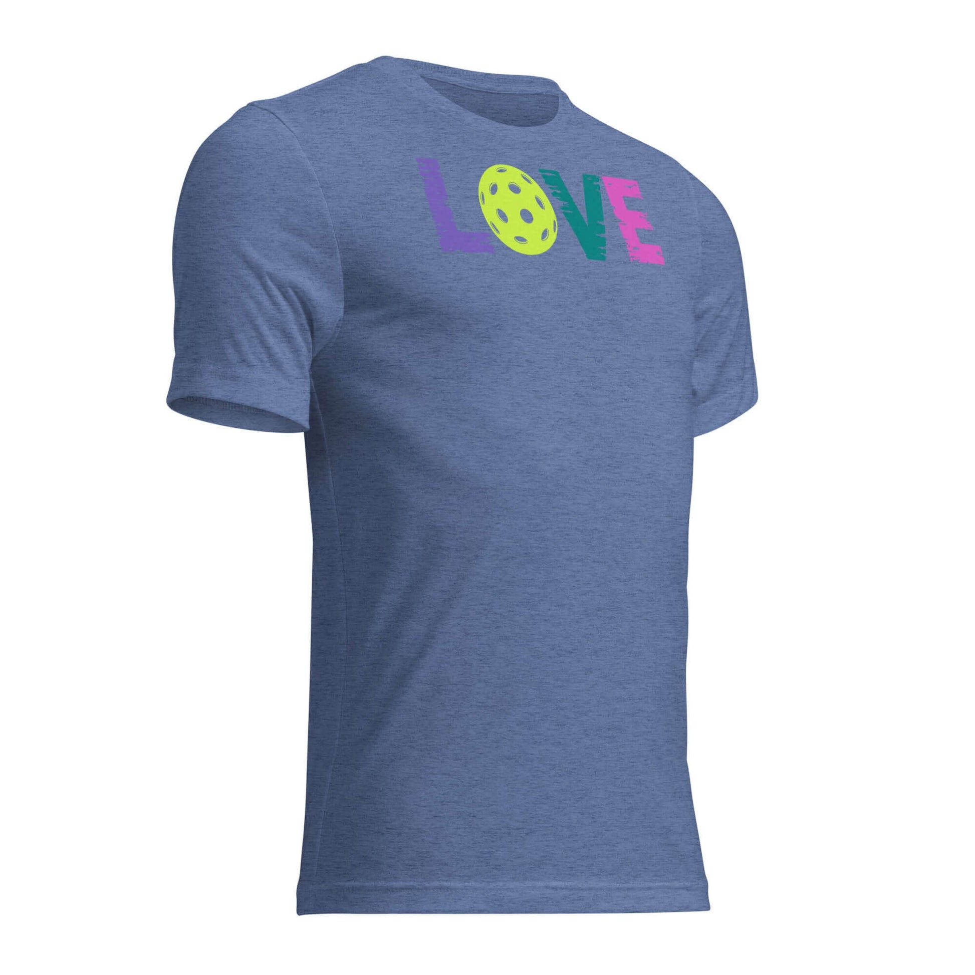 Women’s LOVE Pickleball Short Sleeve Shirt in blue, featuring colorful LOVE design and a pickleball graphic.