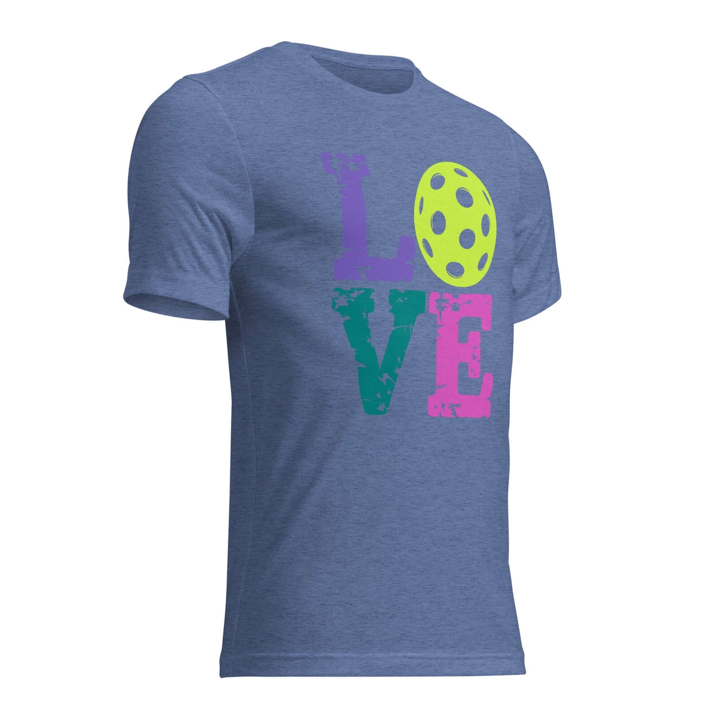 Women’s LOVE Pickleball Short Sleeve Shirt in blue with colorful printed design, perfect for pickleball enthusiasts.