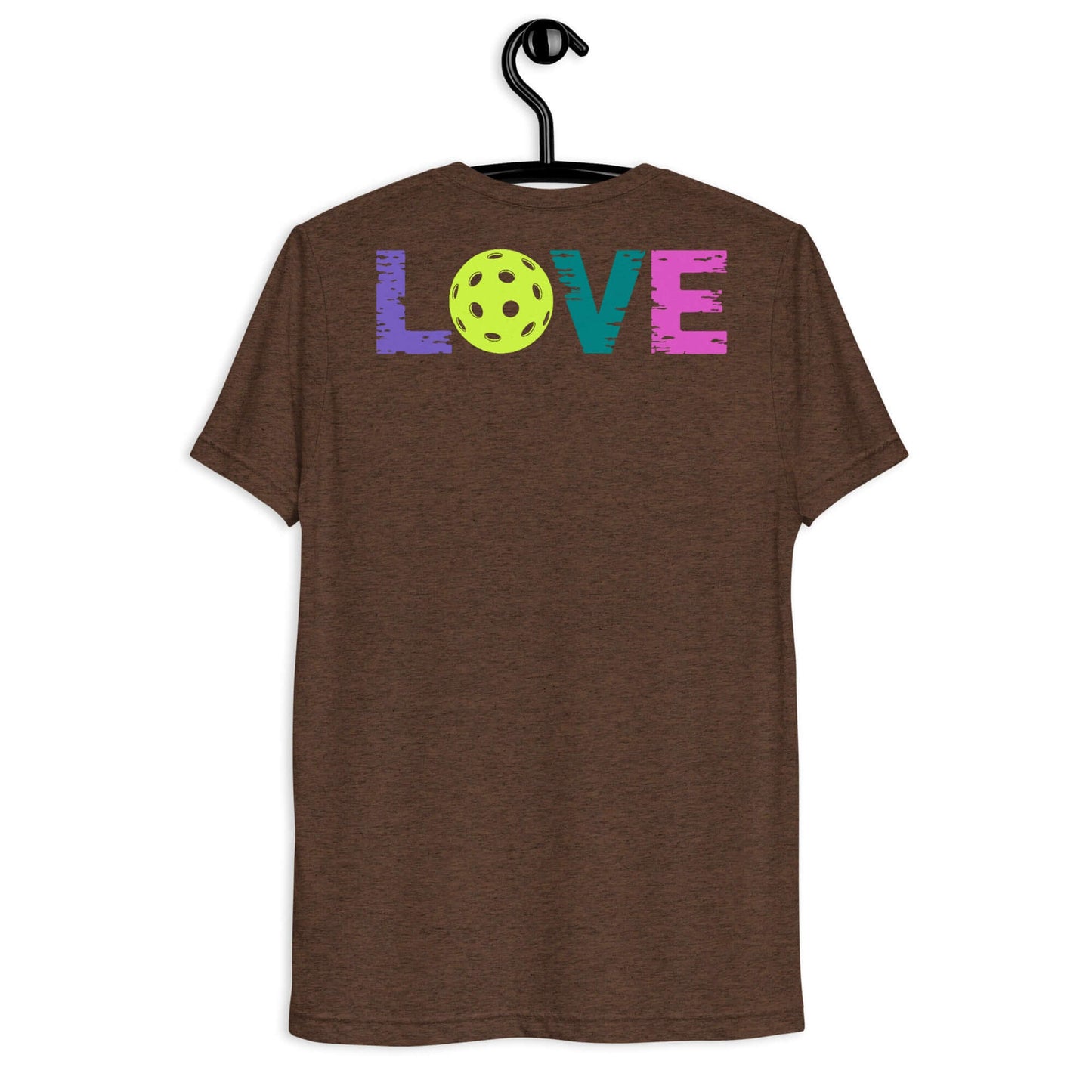 Back view of Women's LOVE Pickleball Short Sleeve Shirt featuring colorful 'LOVE' text and a pickleball graphic.