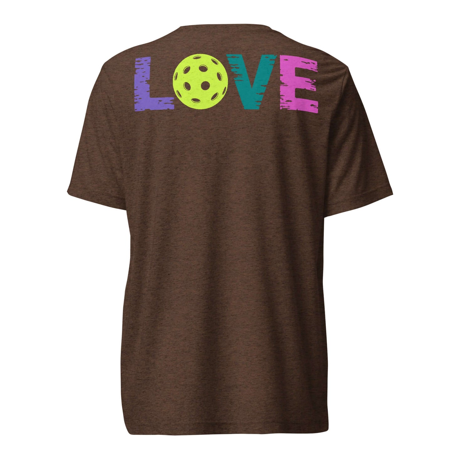 Back view of Women's LOVE Pickleball Short Sleeve Shirt featuring colorful text and pickleball design