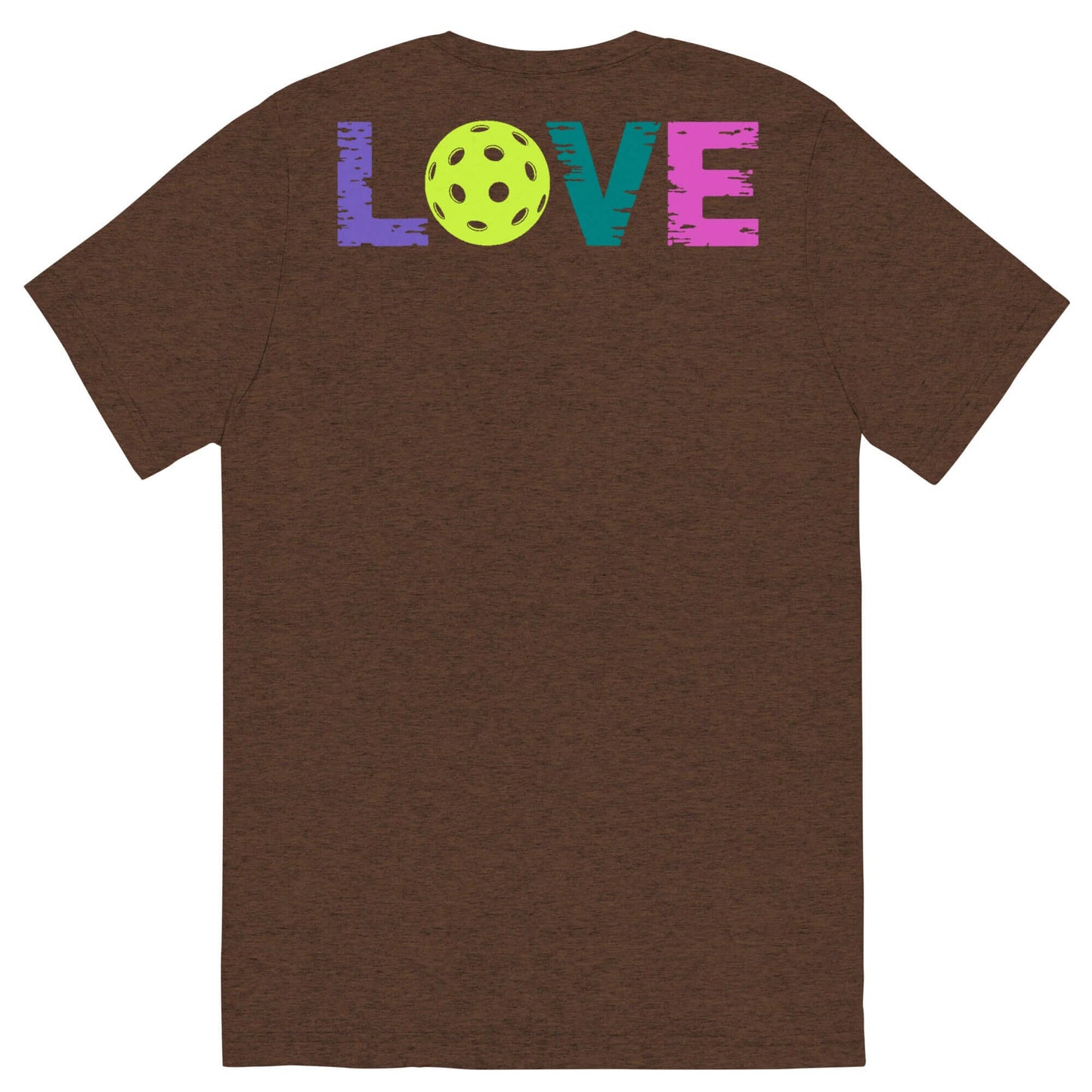 Back view of women's brown short sleeve shirt featuring colorful 'LOVE' design and a pickleball graphic.