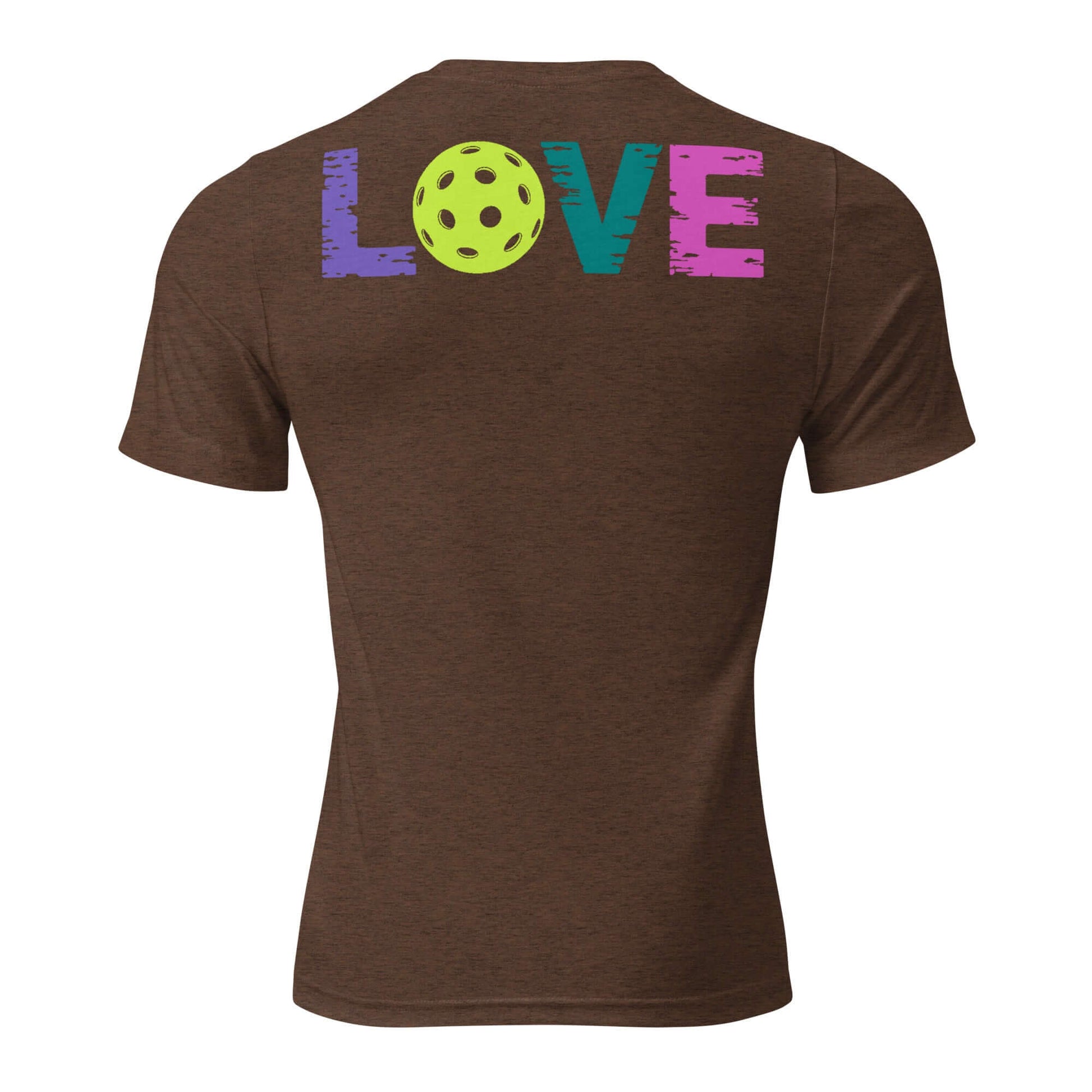 Brown short sleeve shirt featuring colorful 'LOVE' text and a green pickleball on the back.