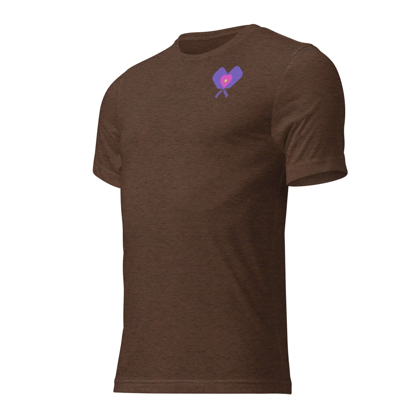 Brown short sleeve women's shirt featuring a colorful pickleball heart design.