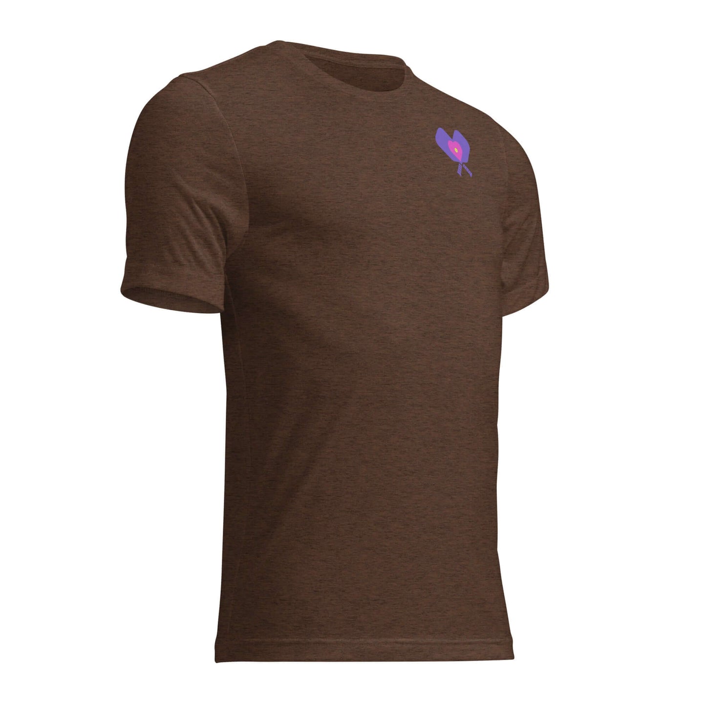 Women's brown short sleeve LOVE pickleball shirt with a colorful heart design.