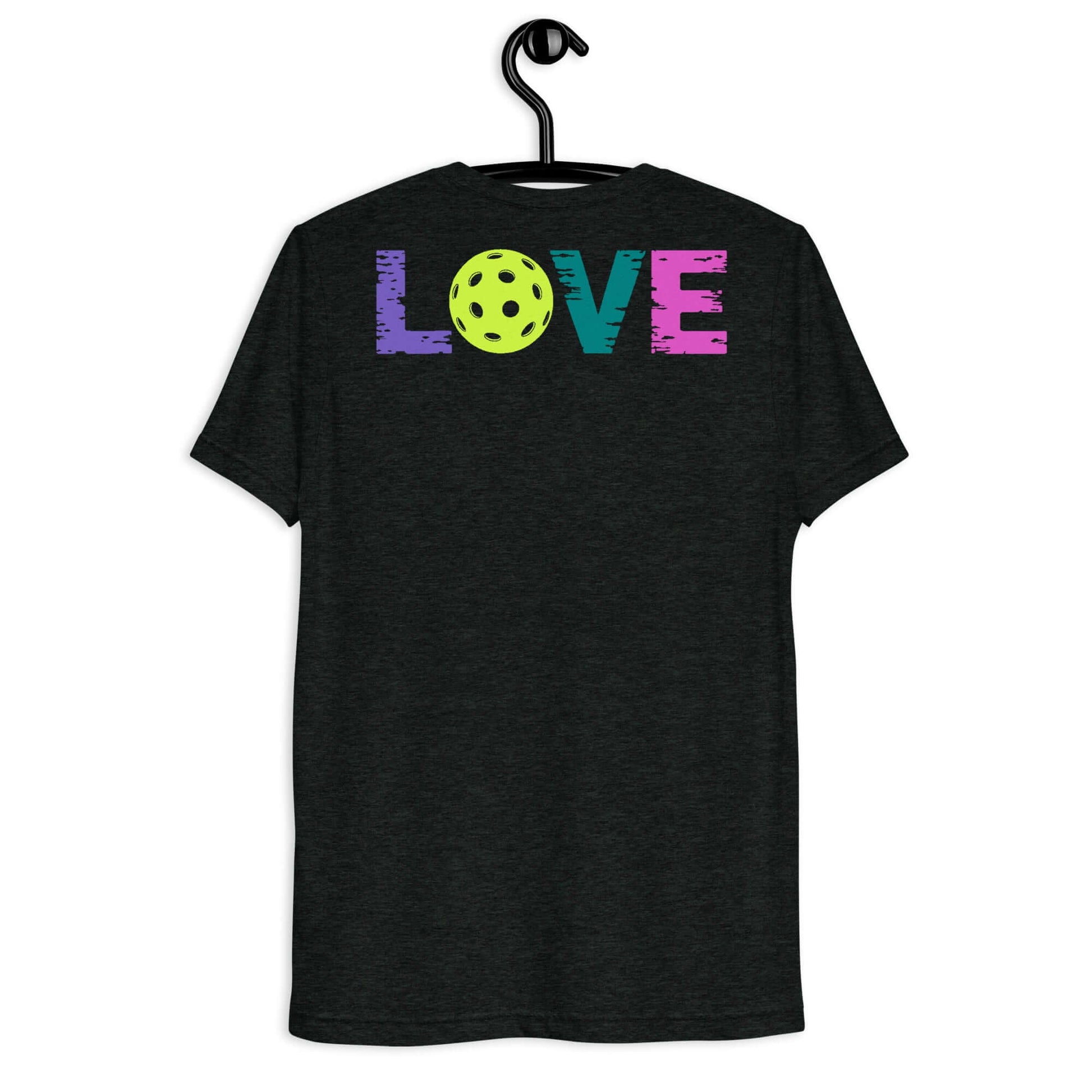 Back view of Women's LOVE Pickleball Shirt with colorful typography and pickleball graphic.