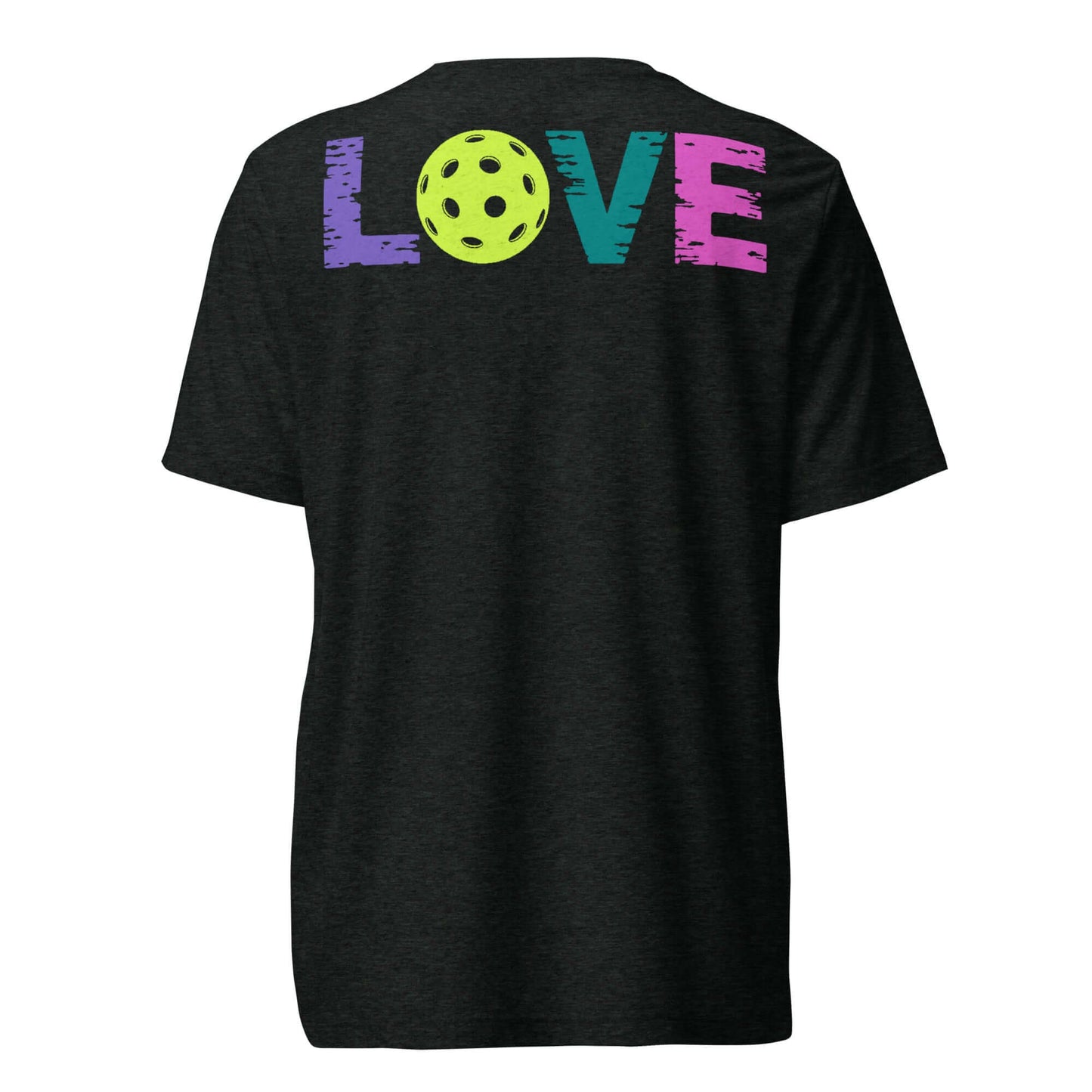 Back view of Women's LOVE Pickleball Short Sleeve Shirt featuring colorful 'LOVE' text and a pickleball graphic.