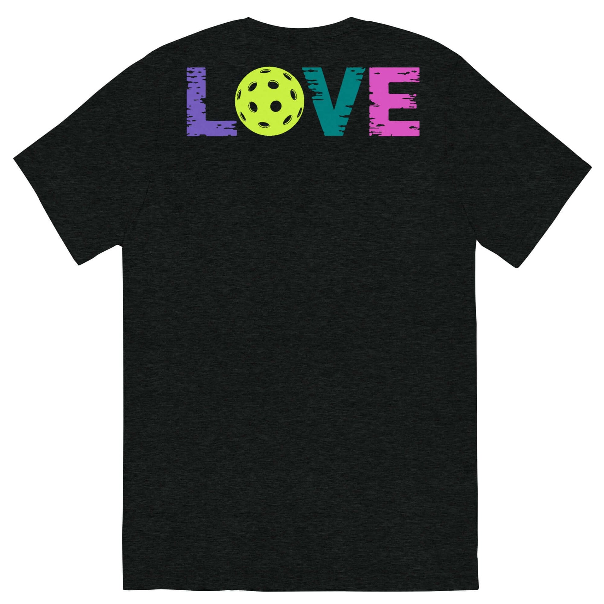 Back view of Women’s LOVE Pickleball Short Sleeve Shirt featuring colorful 'LOVE' text and a pickleball graphic.