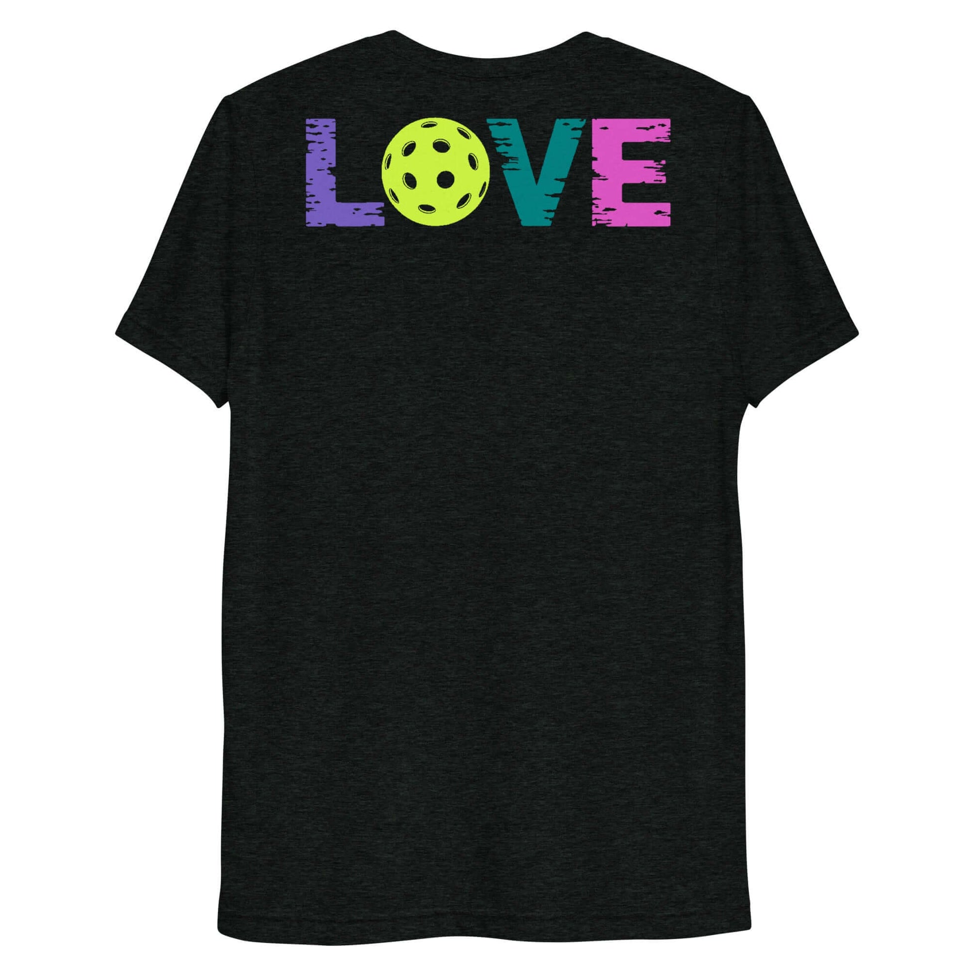 Black women's short sleeve shirt featuring colorful 'LOVE' text and a pickleball graphic on the back.