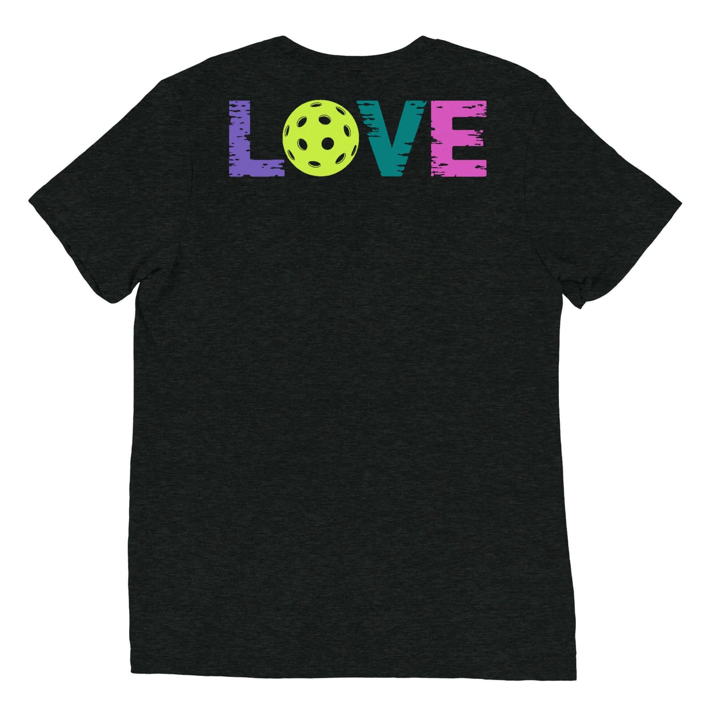 Back view of Women’s LOVE Pickleball Short Sleeve Shirt featuring colorful 'LOVE' design and pickleball graphic.