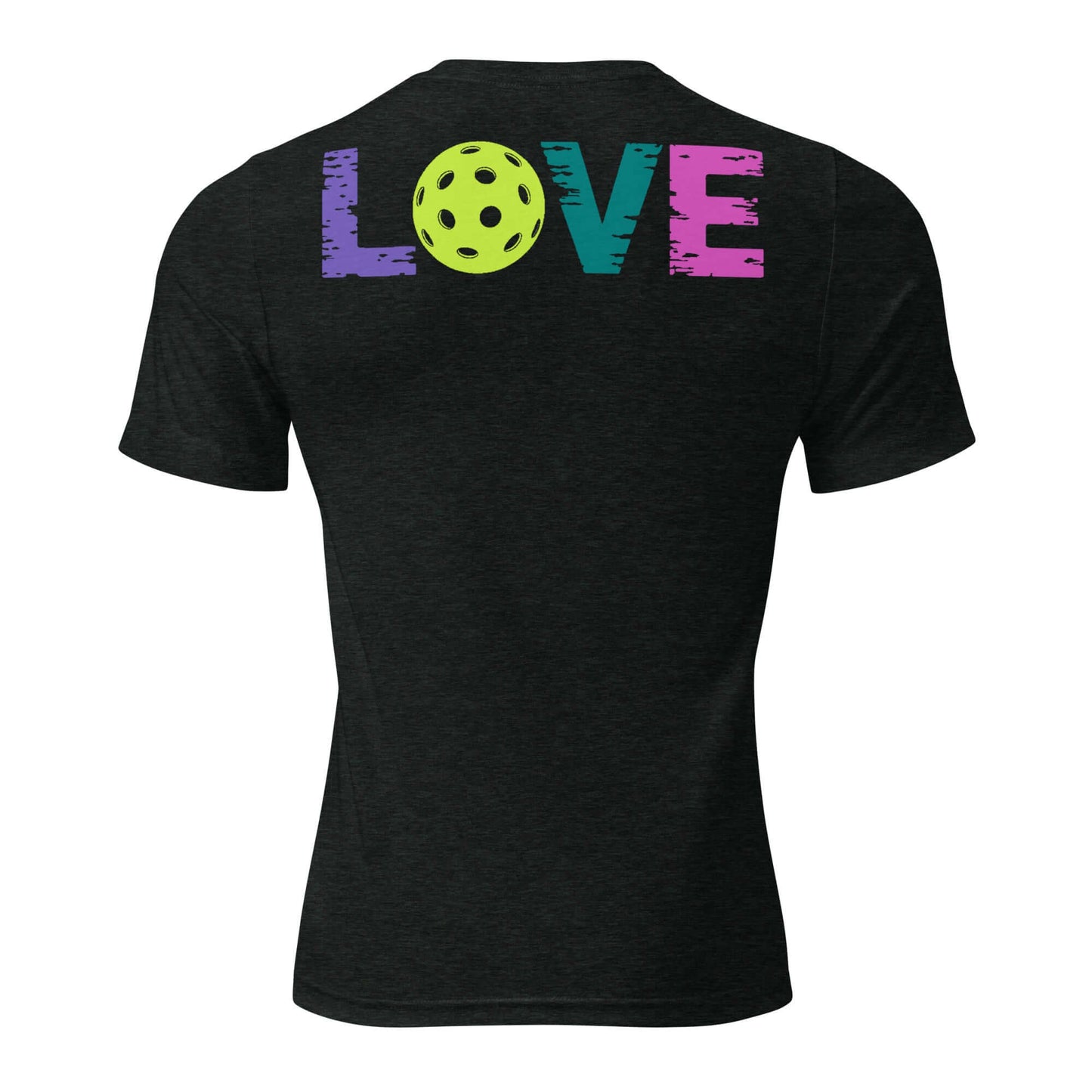 Back view of Women's LOVE Pickleball Short Sleeve Shirt with colorful lettering and pickleball graphic.