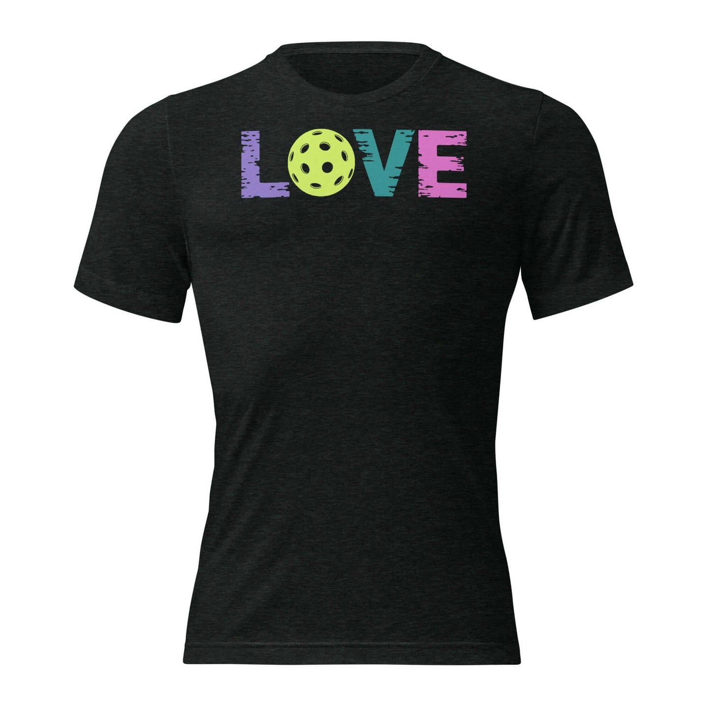 Women’s LOVE Pickleball Short Sleeve Shirt featuring colorful lettering and a pickleball, perfect for sporty style.