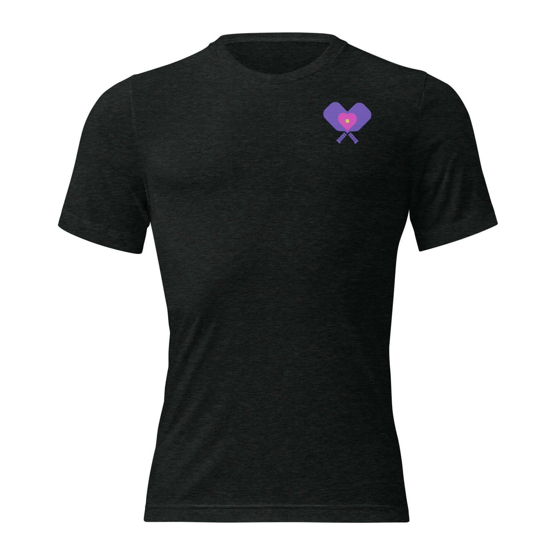 Women's LOVE Pickleball Short Sleeve Shirt in black featuring a heart and paddles logo.