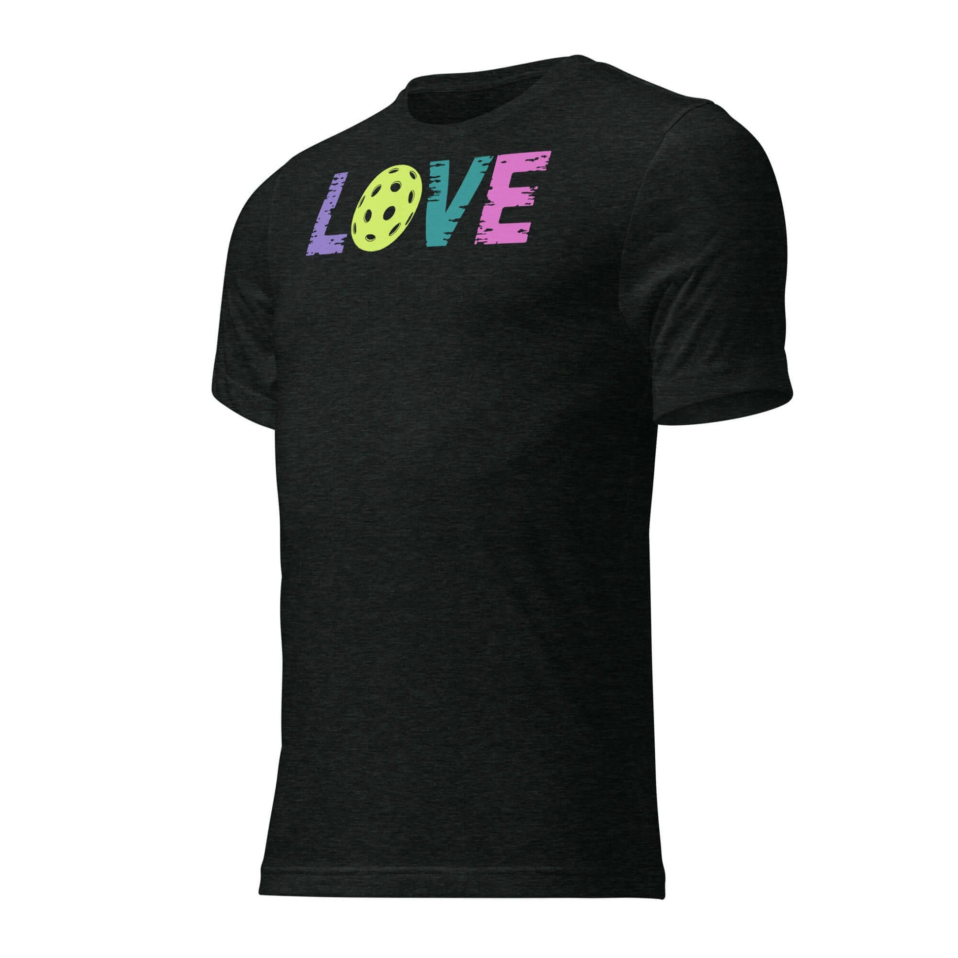 Women’s LOVE Pickleball Short Sleeve Shirt in black featuring colorful text and pickleball graphic.