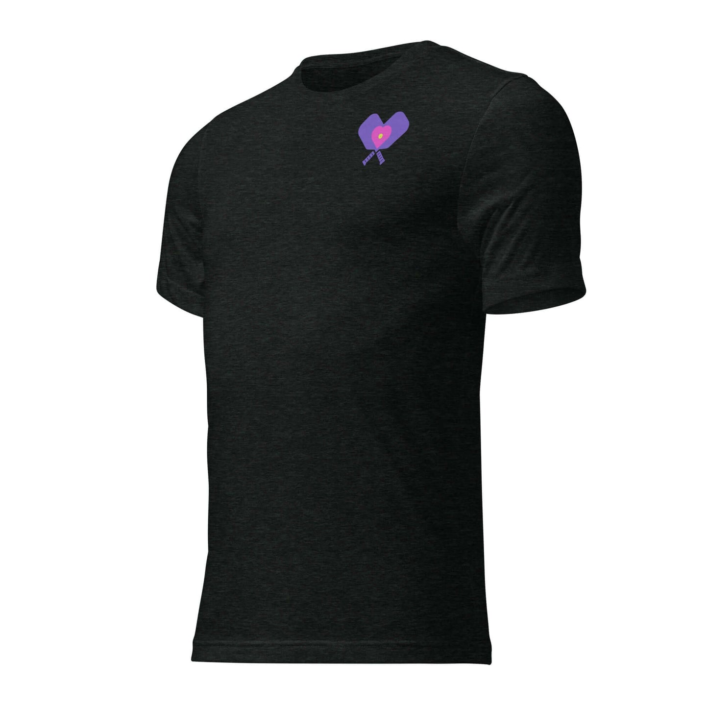 Women’s LOVE Pickleball Short Sleeve Shirt in black with a purple heart design, perfect for sporty casual wear.