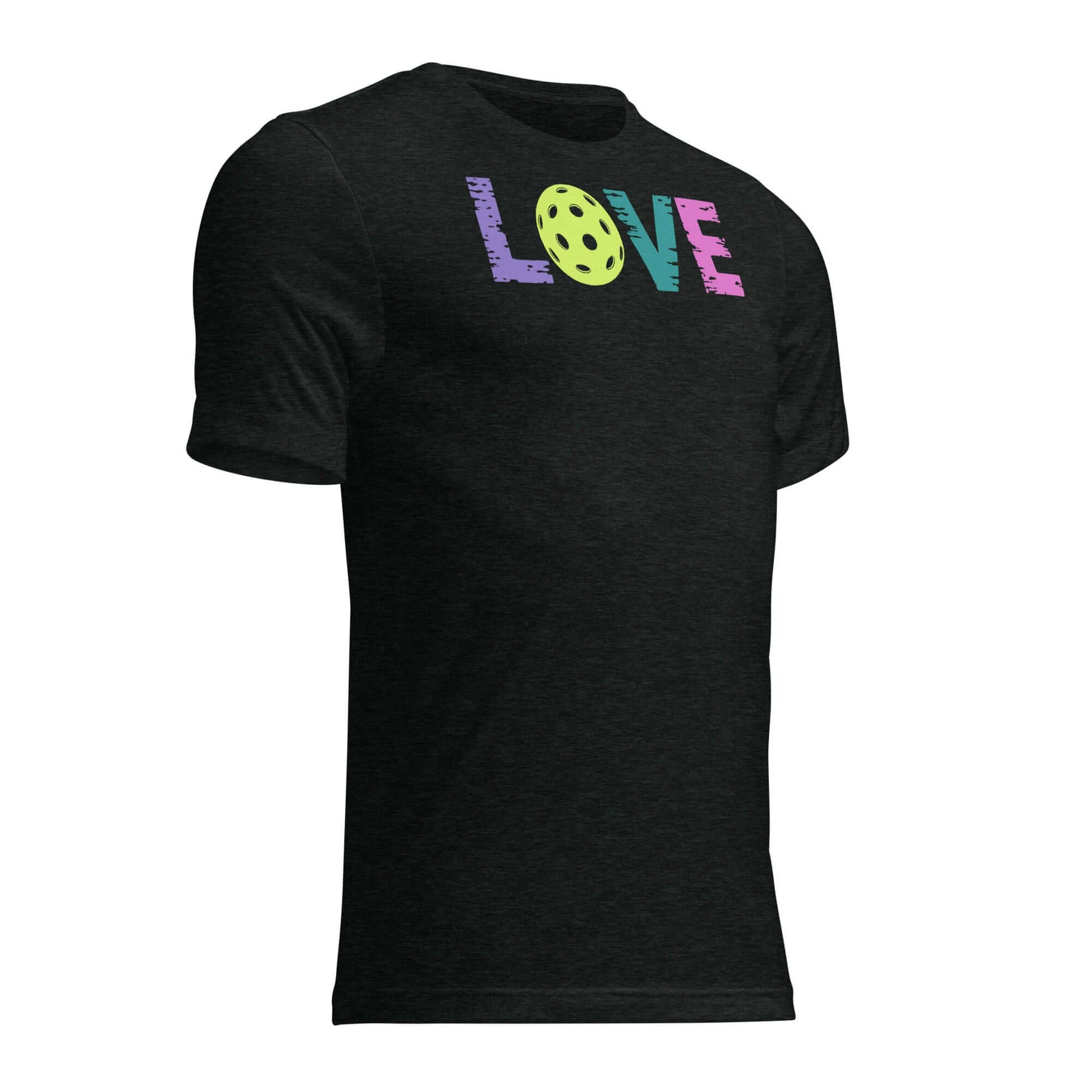 Women’s LOVE Pickleball Short Sleeve Shirt in black with colorful LOVE text and pickleball graphic.