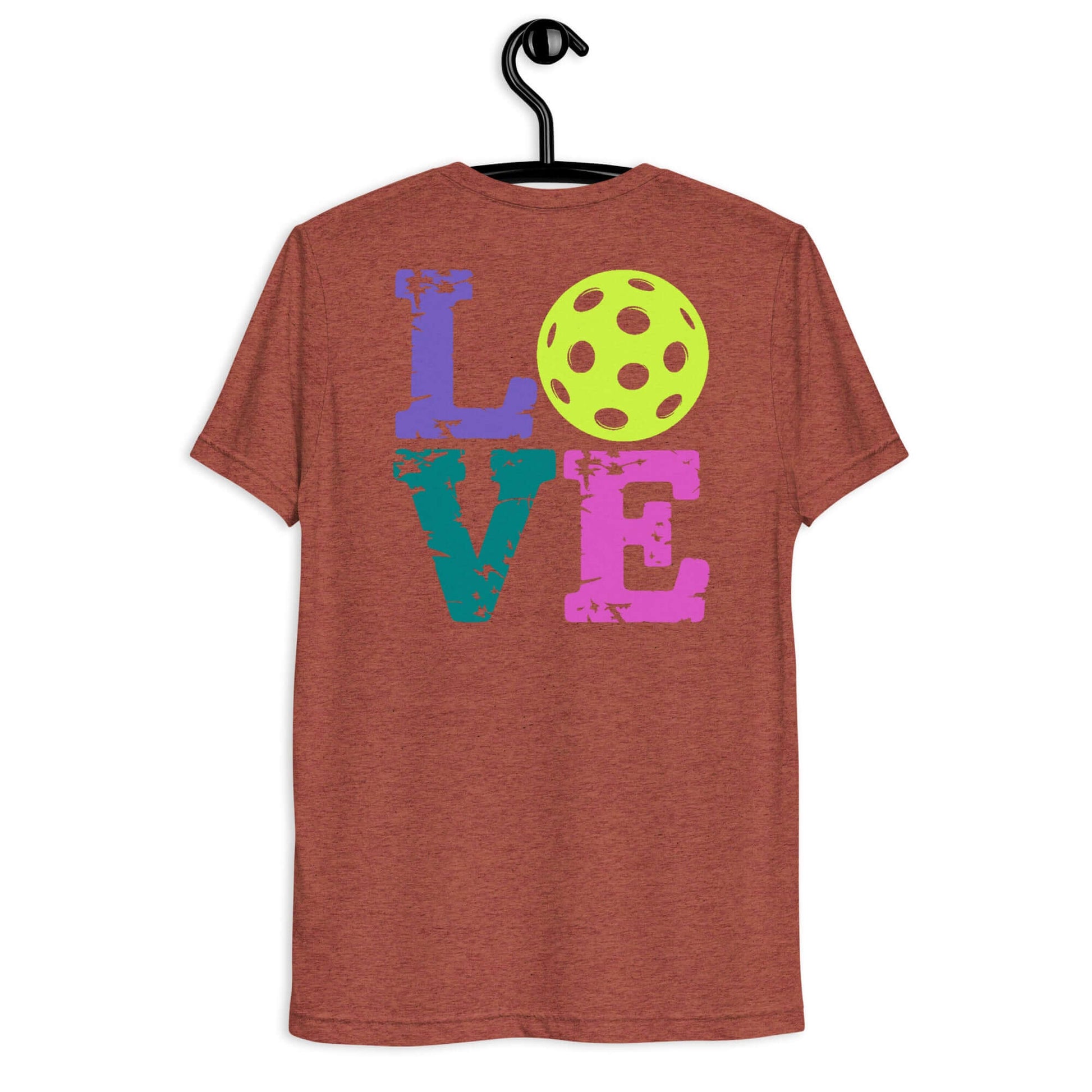 Women’s LOVE Pickleball Short Sleeve Shirt featuring colorful love text and a pickleball graphic on the back.