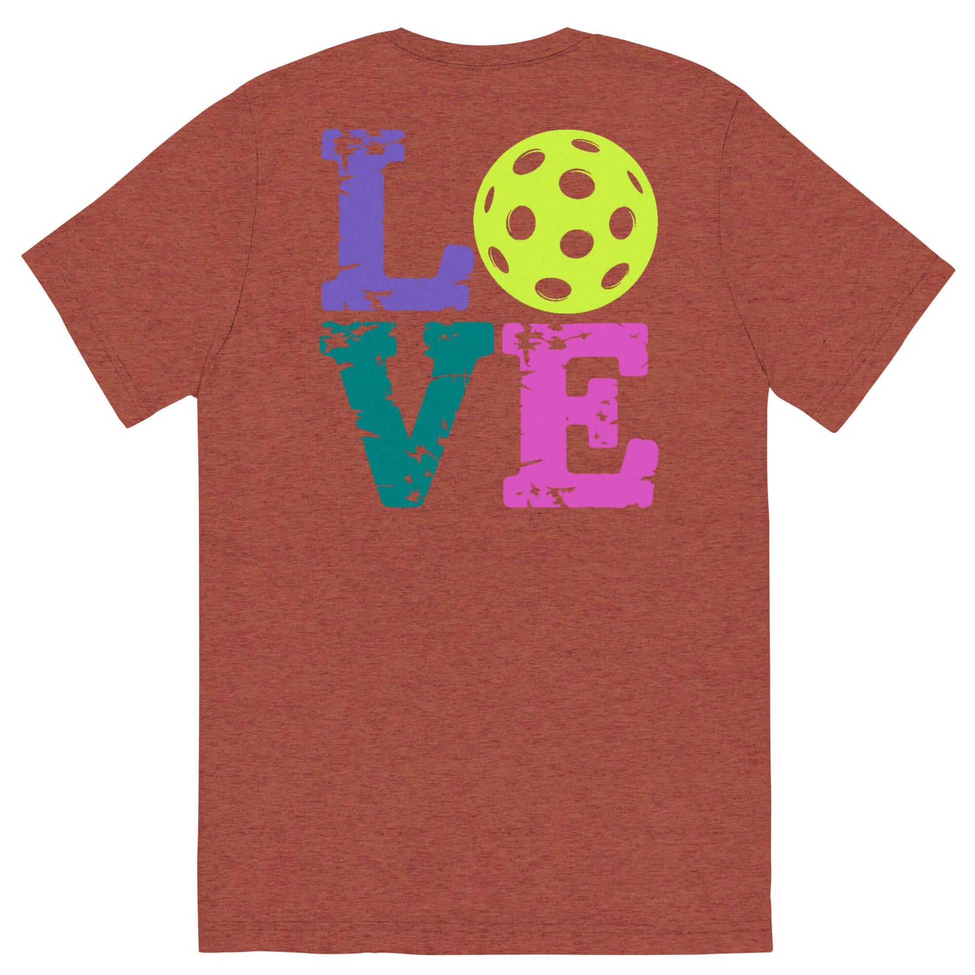 Back view of Women's LOVE Pickleball Short Sleeve Shirt featuring colorful 'LOVE' text and a yellow pickleball.