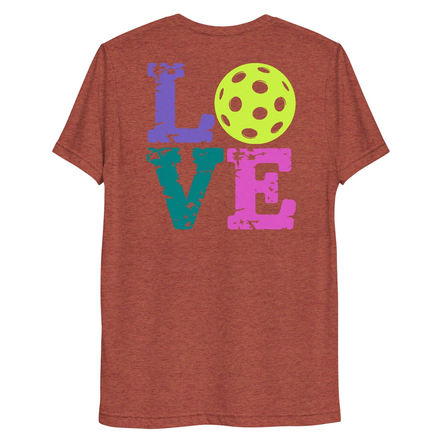 Back view of Women's LOVE Pickleball Short Sleeve Shirt with colorful LOVE letters and a vibrant pickleball design.