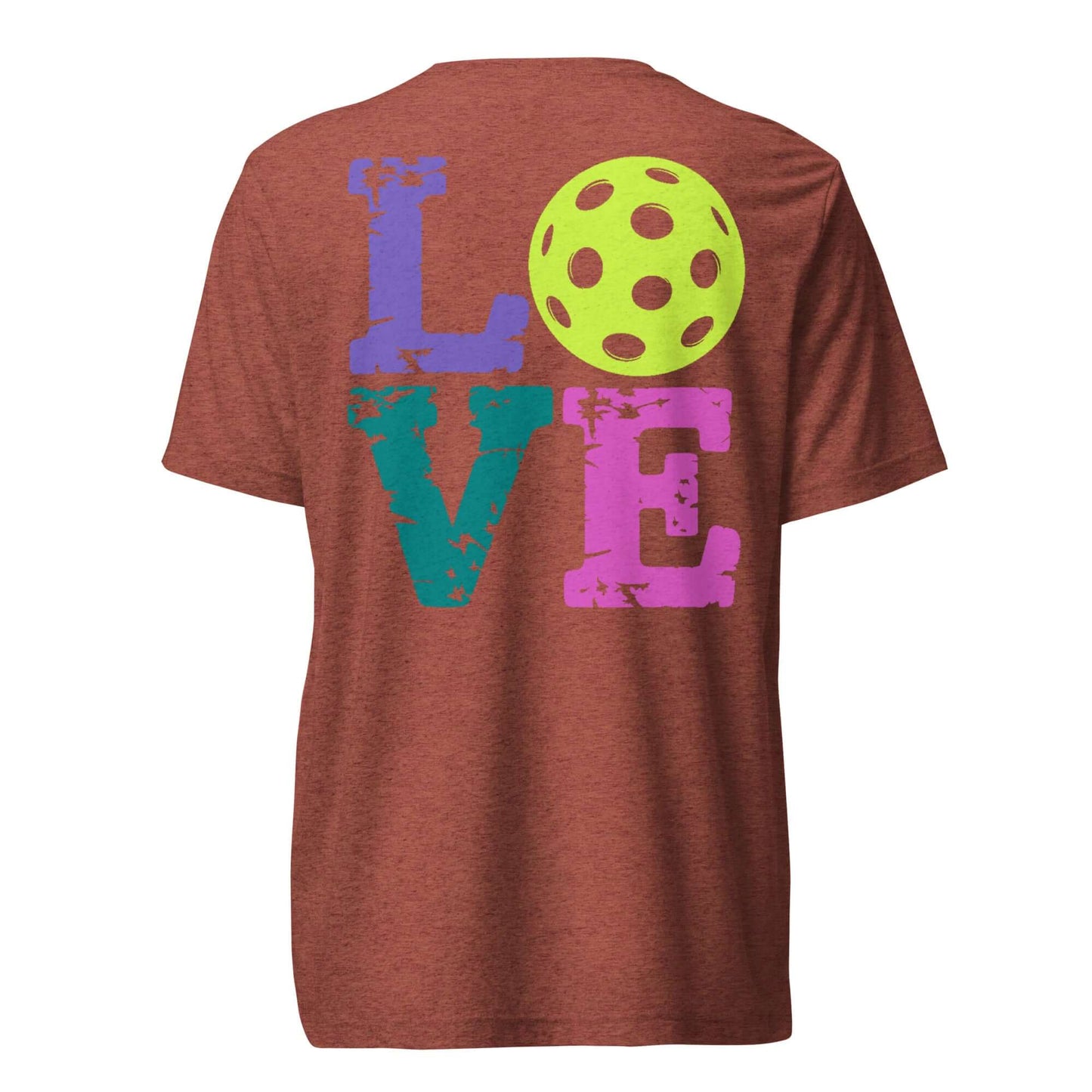 Women’s short sleeve shirt with colorful 'LOVE' print and pickleball graphic on the back.