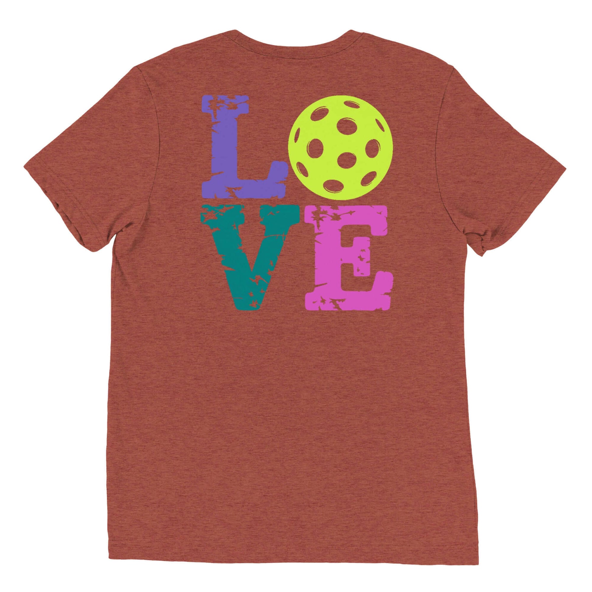 Back view of Women's LOVE Pickleball Short Sleeve Shirt featuring colorful 'LOVE' graphic and pickleball design.