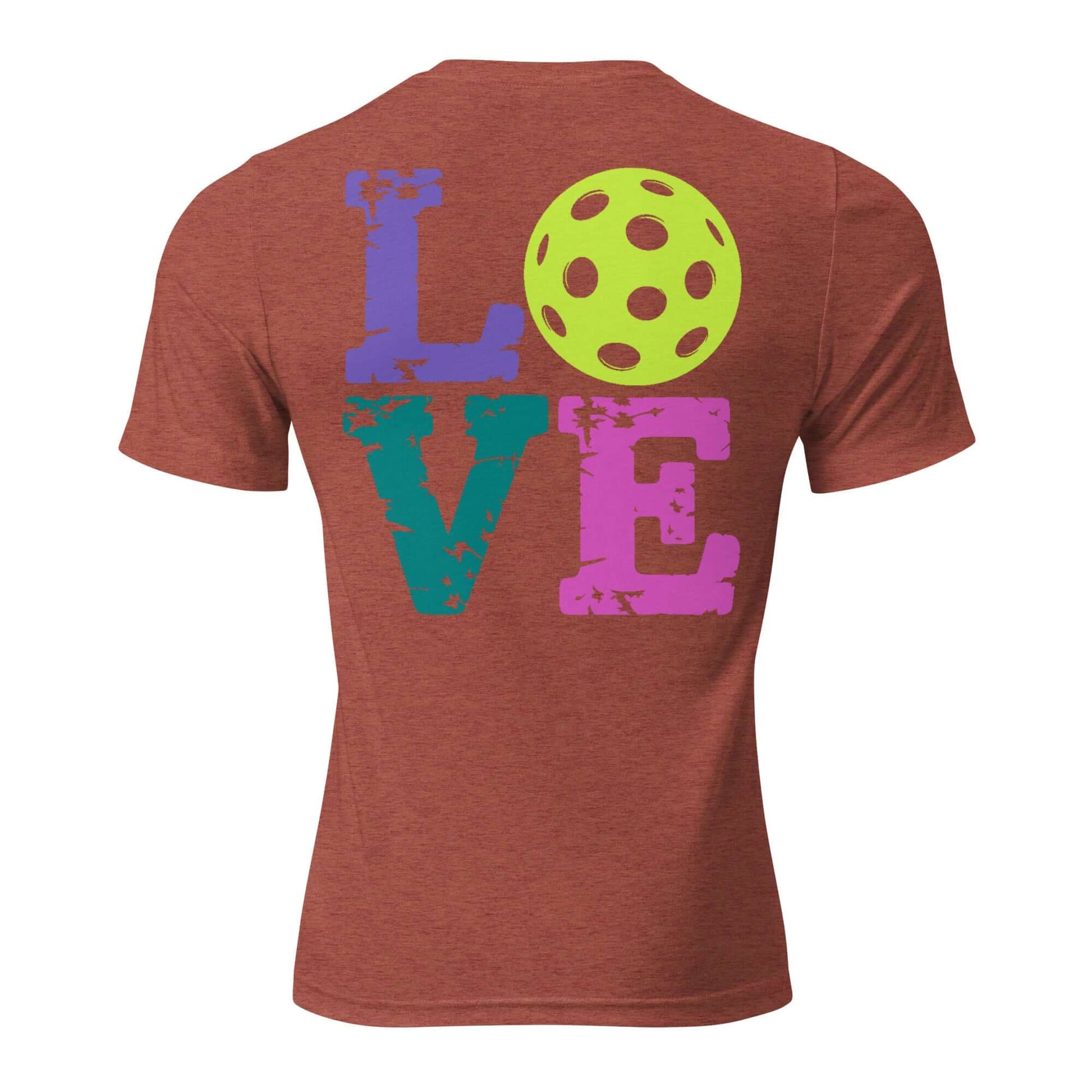 Back view of Women’s LOVE Pickleball Short Sleeve Shirt featuring colorful 'LOVE' text and a green pickleball design.