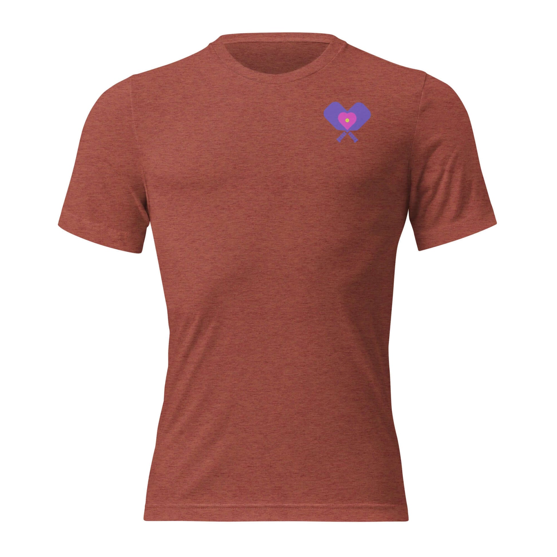 Women’s LOVE Pickleball Short Sleeve Shirt in rust color with heart and pickleball graphic.